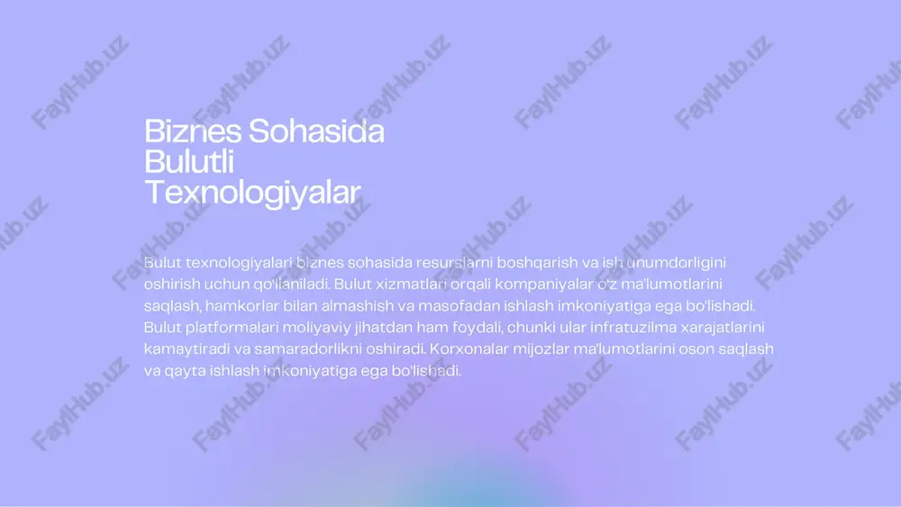 g kelajagi sun’iy intellekt, tahliliy xizmatlar, va iot bilan birga rivojlanishi kutilmoqda. kelajakda bulut texnologiyalari sog'liqni saqlash, ta'lim, davlat va boshqa sohalarda yangicha imkoniyatlarni yaratadi. texnologiyalarning rivojlanishi bilan bulut xizmatlari raqamli dunyo uchun ajralmas qismga aylanmoqda. bulutli texnologiyalarning kelajagi bulutli texnologiyalar zamonaviy dunyoda muhim rol o‘ynaydi. ular xarajatlarni kamaytirish, vaqt va resurslarni tejash imkonini beradi. bulut texnologiyalari ko'plab sohalarda unumdorlik va samaradorlikni oshirib, xulosa e’tiboringiz uchun rahmat