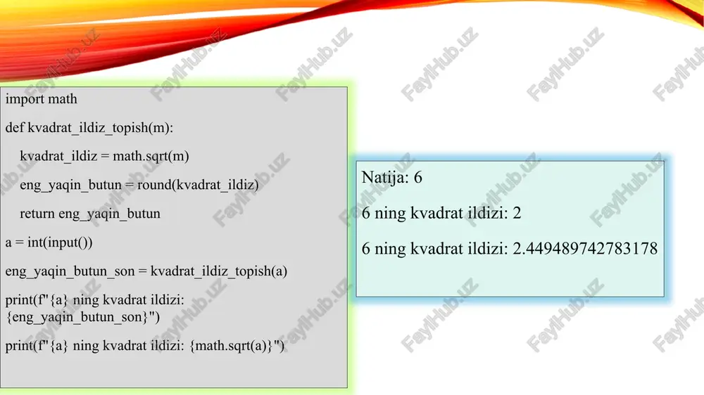 th-first search (bfs), depth-first search (dfs) and shortest path) algoritmlari kabi grafik algoritmlarni bir vaqtning oʻzida grafikning turli qismlarini oʻrganish uchun parallellashtirish mumkin. masalan, parallel bfs da turli protsessorlar grafikning turli darajalarini parallel ravishda o‘rganishi mumkin. parallel qidiruv: ikkilik qidiruv va xeshlash kabi qidiruv algoritmlarini parallel ravishda maqsadli elementni qidirish uchun parallellashtirish mumkin. masalan, parallel ikkilik qidiruvda turli protsessorlar saralangan massivning turli qismlarini bir vaqtda qidirishi mumkin, bu esa qidiruv vaqtini qisqartiradi. python tilida parallel qidiruvga oid dastur kodi quyidagicha: def qidirish(n): if n == 7: return n with concurrent.futures.threadpoolexecutor() as executor: # parallel qidirishni boshlaymiz sonlar = [3, 4, 5, 6, 7] natijalar = executor.map(qidirish, sonlar) for natija in natijalar: print(natija) 7.bo’lish algoritmi bo’lish algoritmiga misol qilib bo’lish amali yordamida yechilgan misollarni ko’rishimiz mumkin: /-bo’lish=>’x’ ni ‘y’ ga bo’lganda hosil bo’lgan bo’linmani qaytaradi. x = 12 y = 3 print(x / y) natija:4 2.//-qoldiqsiz bo’lish=>bo’lishdan hosil bo’lgan bo’linmaning qoldiqsiz …