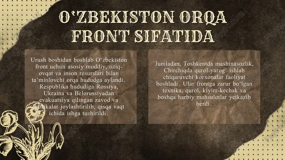 osaxulosa o‘zbekiston ikkinchi jahon urushida bevosita jangovar harakatlarda ishtirok etmagan bo‘lsa-da, uning xalqining mehnati, sabr-toqati va mardligi g‘alabani yaqinlashtirishga katta hissa qo‘shdi. o‘zbekiston ikkinchi jahon urushida bevosita jangovar harakatlarda ishtirok etmagan bo‘lsa-da, uning xalqining mehnati, sabr-toqati va mardligi g‘alabani yaqinlashtirishga katta hissa qo‘shdi. harbiy xizmatda bo‘lgan jangchilarning jasorati, orqa frontdagi ayollar va yoshlarning fidokorona mehnati bugungi tinch hayotimizning poydevori bo‘ldi. bu sahifalar o‘zbek xalqining tarixdagi mardligini ko‘rsatadi va doimo e’tiborda bo‘lishi lozim. harbiy xizmatda bo‘lgan jangchilarning jasorati, orqa frontdagi ayollar va yoshlarning fidokorona mehnati bugungi tinch hayotimizning poydevori bo‘ldi. bu sahifalar o‘zbek xalqining tarixdagi mardligini ko‘rsatadi va doimo e’tiborda bo‘lishi lozim. e ’ t i b o r u chun r a h m a t e ’ t i b o r u chun r a h m a t