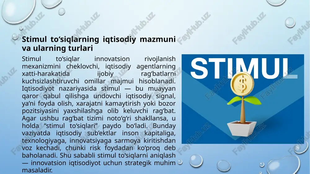 ash, marketing, narxlash modelidir. beshinchi bosqich — massiv replikatsiya, ya’ni bozor ulushini kengaytirish. bu 5 bosqichning har biri strategik jihatdan muhim, chunki innovatsiya bir bosqichda muvaffaqiyatsizlansa, butun jarayon to‘xtaydi. stimul to’siqlarning iqtisodiyotga ta’siri stimul to‘siqlar innovatsion jarayonning har bir bosqichida iqtisodiy motivatsiyani zaiflashtiradi va bozor signallarini buzadi. innovatsion iqtisodiyotda rag‘bat mexanizmi juda muhim: tadbirkor yoki korxona “yangilik yaratish” bilan “mavjud holatni takrorlash” o‘rtasida tanlov qiladi. agar rag‘bat – foyda – bozor imkoni yetarlicha aniq bo‘lsa, u holda iqtisodiy agent innovatsiyani tanlaydi. aksincha, agar risk yuqori, huquq mavhum, moliyaviy resurslar qimmat bo‘lsa — unda u “innovatsiya yo‘li”ga emas, balki “xavfsiz eski texnologiya” yo‘liga qaytadi. bu esa innovatsion jarayonning sekinlashuviga, natijada iqtisodiy o‘sish sur’atlarining pasayishiga olib keladi. stimul to‘siqlarning ta’sir mexanizmi mana shu “tanlov modeli” orqali ishlaydi. birinchidan, stimul to‘siqlar ilmiy tadqiqotlar bosqichida sarmoya oqimini kamaytiradi. investor fundamental yoki sekin qaytuvchi loyihaga kirishga jur’at qilmaydi. natijada ilmiy izlanishlar qisqaradi, innovatsion g‘oya bazasi …