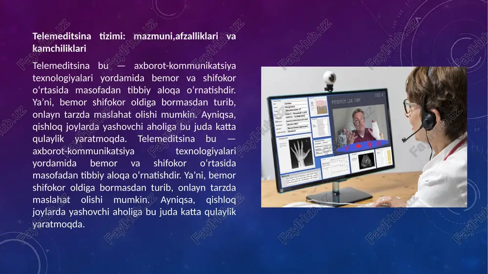 anishini ta’minlaydi: 1. integratsiyalashuv tamoyili barcha tibbiyot muassasalari, laboratoriyalar, dorixonalar va shifokorlar yagona tarmoq orqali o‘zaro bog‘lanadi. bu esa tibbiy axborotlarning yagona ma’lumotlar bazasida to‘planishiga imkon beradi. 2. shaffoflik va ochiqlik tamoyili tizim orqali bemor o‘z sog‘lig‘i haqidagi ma’lumotlarni istalgan payt ko‘rishi, tahlil natijalarini kuzatishi mumkin. bu esa bemor va shifokor o‘rtasida ishonchni oshiradi. 3. xavfsizlik va maxfiylik tamoyili tibbiy ma’lumotlar shaxsiy xarakterga ega bo‘lgani sababli, ularni himoya qilish muhimdir. tizimda maxfiylikni ta’minlash uchun shifrlash, autentifikatsiya va kirish nazorati texnologiyalari qo‘llaniladi. 4. tezkorlik va qulaylik tamoyili telemeditsina xizmatlari orqali bemorlar shifokorga murojaat qilish, konsultatsiya olish, dori yozdirish va tahlil natijalarini olish imkoniga ega. buning uchun masofa muammo bo‘lmaydi. 5. uzluksizlik va yangilanish tamoyili sog‘liqni saqlash tizimida ma’lumotlar doimiy yangilanib turadi. bemorning har bir tashrifi, davolanish jarayoni va tahlil natijalari tizimga qo‘shilib boradi. 6. samaradorlik va iqtisodiylik tamoyili tarmoqli tizim orqali hujjatlar aylanishi avtomatlashtiriladi, vaqt va mablag‘ tejaladi. shu bilan birga, …