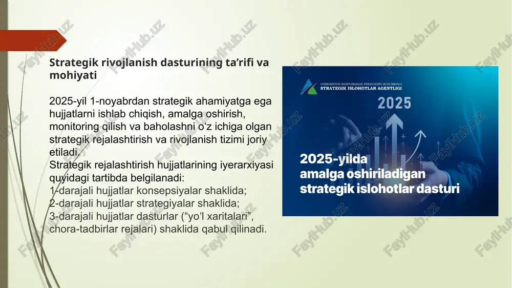 strategik maqsadlar (iqtisodiy, ijtimoiy, innovatsion) strategik maqsadlar – bu davlat va tashkilotlarning uzoq muddatli yo‘nalishdagi harakatlarini boshqaruvchi asosiy omillardir. ular iqtisodiy barqarorlik, ijtimoiy farovonlik va innovatsion taraqqiyotning muvozanatini ta’minlaydi. iqtisodiy strategik maqsadlar ishlab chiqarish va moliyaviy barqarorlikni, ijtimoiy maqsadlar esa inson kapitali va hayot sifatini, innovatsion maqsadlar esa zamonaviy texnologiyalar va raqobatbardosh iqtisodiyotni rivojlantirishni kafolatlaydi.natijada, har uch yo‘nalishning uyg‘unligi barqaror rivojlanishning asosiy poydevorini tashkil etadi. iqtisodiy yo‘nalishdagi strategik maqsadlar mamlakatning barqaror o‘sishini ta’minlash, raqobatbardoshlikni oshirish va iqtisodiy mustaqillikka erishishni nazarda tutadi. ular quyidagi asosiy yo‘nalishlarni qamrab oladi: 1.barqaror iqtisodiy o‘sish sur’atlarini ta’minlash. bu maqsad yalpi ichki mahsulot (yaim) hajmini muntazam oshirish, investitsiyalarni ko‘paytirish va eksport salohiyatini kengaytirish orqali amalga oshiriladi. 2.raqobatbardosh iqtisodiyotni shakllantirish. bozor mexanizmlarini takomillashtirish, tadbirkorlikni qo‘llab-quvvatlash, import o‘rnini bosuvchi ishlab chiqarishni rivojlantirish muhim yo‘nalish hisoblanadi. 3.hududiy iqtisodiy rivojlanishni muvozanatlashtirish. poytaxt va viloyatlar o‘rtasidagi iqtisodiy tafovutni kamaytirish, infratuzilmani rivojlantirish orqali hududiy tenglikni ta’minlash strategik ahamiyatga ega. 4.resurslardan samarali foydalanish. …