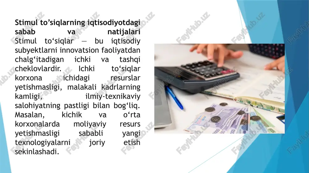 xi ®ga bogʻliq (d=qp); v)xarajatlar miqdori. bozorda narxlar oʻzgarmay kirilgan taqdirda xarajatlarning pasayishi foydani koʻpaytiradi, ularning ortishi esa uni qisqartiradi. stimul to‘siqlarni kamaytirish mexanizmlari — moliyaviy qo‘llab-quvvatlash, patent va ip himoyasi, grantlar va investitsiyalar. shu mexanizmlar yordamida korxona riskni kamaytiradi va innovatsion loyihalarni amalga oshirishga tayyor bo‘ladi. misol uchun, yuqori texnologiyali tibbiy asbob ishlab chiqaruvchi kompaniya, patent tizimi kafolatlangan bo‘lsa, yangi texnologiyaga sarmoya kiritadi. shu bilan birga, korxona riskni baholashda innovatsion loyihaning uzoq muddatli foydasi va bozor imkoniyatlarini ham hisobga oladi. agar foyda potensiali yuqori bo‘lsa va davlat qo‘llab-quvvatlovi mavjud bo‘lsa, korxona riskni qabul qiladi va yangi texnologiyalarni ishlab chiqishga sarmoya kiritadi. misol uchun, yuqori texnologiyali farmatsevtika kompaniyasi patent tizimi kafolatlangan bo‘lsa, yangi dori ishlab chiqishga sarmoya qo‘yadi. natijada, stimul to‘sqlarni kamaytirish va qo‘shimcha rag‘batlar yaratish korxona qarorlarini yanada innovatsion va uzoq muddatli foydali qilishi mumkin. shu tarzda, korxona riskni boshqaradi, bozor raqobatbardoshligini oshiradi va milliy iqtisodiyotning texnologik rivojlanishiga hissa …