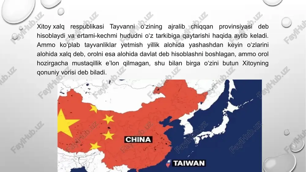 dan butunlay soviganini anglatishini aytadi. bu vaqtda hongkongda xitoy taʼsiri kuchayishiga qarshi keng miqyosli namoyishlar avj olgandi va tayvan bu voqealarni diqqat bilan kuzatib borayotgandi. keyinroq, o‘sha yil oxirida xitoy hongkongdagi milliy xavfsizlik to‘g‘risidagi qonunni qabul qildi, bu esa hongkongliklar erkinligini bo‘g‘ishga qaratilgan navbatdagi qadam bo‘ldi. pekin va taybey fundamental siyosiy masalada kelisha olmasa-da, so‘nggi o‘n yilliklarda iqtisodiyot borasida ularning munosabatlari faqat kengaygan va mustahkamlangan. tayvan rasmiy maʼlumotlariga ko‘ra, 1991-yildan 2021-yil may oyi oxirigacha xitoydagi tayvan investitsiyalari hajmi 193,5 mlrd dollarni tashkil etadi. tayvandagilarning ayrimlari ularning iqtisodi endi xitoyga qaram bo‘lib qolganidan xavotirlanadi. boshqalar esa yanada qalin iqtisodiy aloqalar xxrning ehtimoliy hujumi xavfini kamaytiradi deb hisoblashadi. 2014-yilda xitoy va tayvan „ikki mamlakat o‘rtasidagi savdo kelishuvi to‘g‘risida“gi hujjatni imzolagan. bu „kungaboqarlar harakati“ nomi ostida norozilik harakatini paydo qilgan. harakat ishtirokchilari, talabalar va faollar xitoy taʼsiri o‘sishi ehtimoliga qarshi namoyish o‘tkazib, maʼlum vaqtga tayvan parlamentini egallab olishgan. image2.png image3.png image4.gif image5.jpeg image6.jpg …