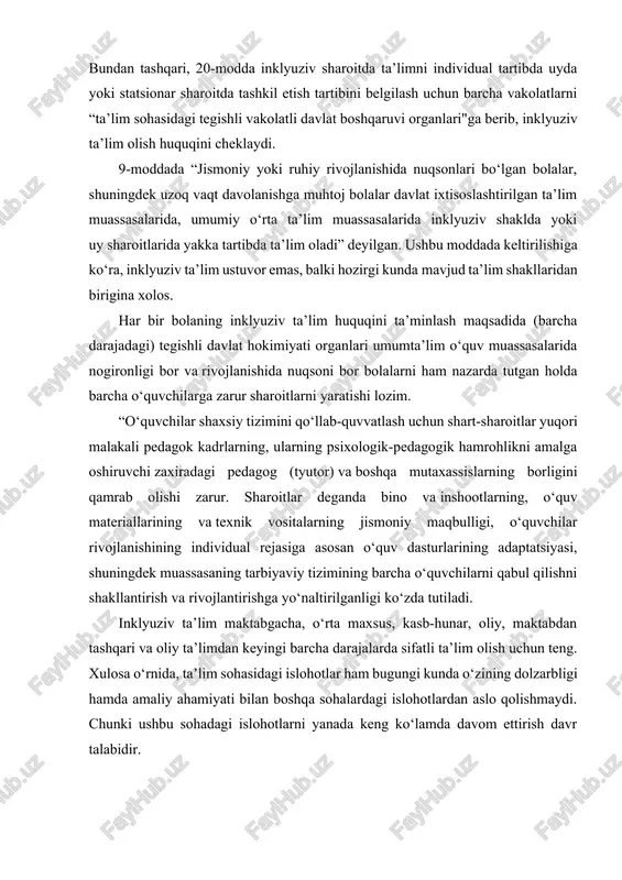 gik-pedagogik hamrohlikni amalga oshiruvchi zaxiradagi pedagog (tyutor) va boshqa mutaxassislarning borligini qamrab olishi zarur. sharoitlar deganda bino va inshootlarning, o‘quv materiallarining va texnik vositalarning jismoniy maqbulligi, o‘quvchilar rivojlanishining individual rejasiga asosan o‘quv dasturlarining adaptatsiyasi, shuningdek muassasaning tarbiyaviy tizimining barcha o‘quvchilarni qabul qilishni shakllantirish va rivojlantirishga yo‘naltirilganligi ko‘zda tutiladi. inklyuziv ta’lim maktabgacha, o‘rta maxsus, kasb-hunar, oliy, maktabdan tashqari va oliy ta’limdan keyingi barcha darajalarda sifatli ta’lim olish uchun teng. xulosa o‘rnida, taʼlim sohasidagi islohotlar ham bugungi kunda o‘zining dolzarbligi hamda amaliy ahamiyati bilan boshqa sohalardagi islohotlardan aslo qolishmaydi. chunki ushbu sohadagi islohotlarni yanada keng ko‘lamda davom ettirish davr talabidir. kurs ishining maqsadi: til orqa (k,g,x,y) tovushlari talaffuzidagi kamchiliklar va ularni bartaraf etish yo‘llarini o‘rganish . kurs ishining vazifalari: - tovush talaffuzidagi kamchiliklarni bartaraf etishda maxsus pedagogik psixologik adabiyotlar taxlili - tovush kamchiliklarini kelib chiqish sabablari va usullarini o‘rganish - bolalardagi tovush talaffuzidagi kamchiliklani bartaraf etishda artikulatsion mashqlardan foydalanish usullari - bolalardagi …