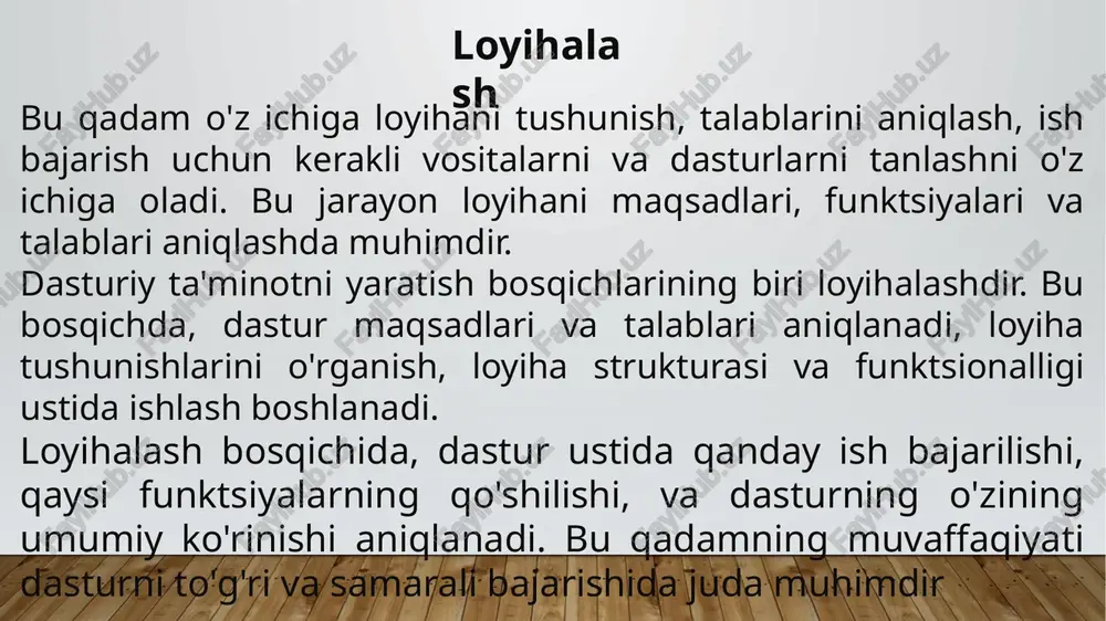 g'lanishlar va boshqa ma'lumotlar o'zgaruvchilarini belgilovchi tahlil va loyihalar. integratsiya dizayni: dasturning boshqa tizimlar va xizmatlar bilan integratsiyasini belgilaydi. masalan, api-lar orqali tizimlararo integratsiya, ma'lumot almashish va ko'rsatish tizimlari, interfeys bog'lanishlari kabi. 4.xavfsizlik dizayni: dasturning xavfsizligini ta'minlash uchun muhim bo'lgan protokollar, autentifikatsiya va rug'batlar, ma'lumotlar himoyalash tizimlari va boshqa xavfsizlik asoslarini o'z ichiga oladi. 5.arxitektura dizayni: dastur tuzilishi va komponentlarining qanday qismlarga bo'linishi kerakligini belgilaydi. masalan, modullar, interfeyslar, xizmatlar va boshqa dastur komponentlari tuzilishi. 6.test dizayni: dasturni test qilish uchun test skenariylarini, test katta (test suite) va avtomatlashtirilgan test jarayonlarini belgilaydi. bu bosqichda dasturlar yaratiladi va test qilinadi. dasturni yaratishda dasturchilar, dizaynerlar va test qiluvchilar birgalikda ishlashadi. loyihalash bosqichidagi birinchi amaliy jarayon ishlab chiqarish bosqichidir. bu bosqich, dasturning amalga oshirilishini va qo'llanilishini ta'minlash uchun ishlab chiqaruvchi komanda tomonidan bajariladi ishlab chiqarish 1) kod yozish va dasturni yaratish 2) test qilish 3) boshqaruv va versiyalash 4) ta'minotni o'rnatish 5)test etish va …