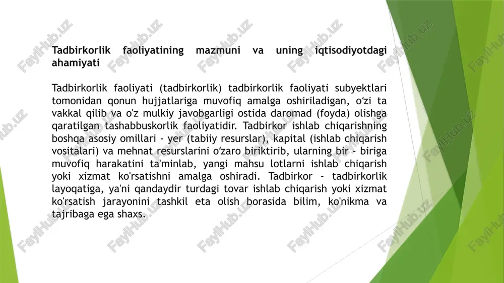 an ta’minlangan sharoit yaratadi. shu orqali ishlab chiqarish hajmi oshib, yangi ish o‘rinlari yaratilmoqda. beshinchidan, kadrlar tayyorlash va biznes ta’limini rivojlantirish masalasi ham davlat siyosatining ajralmas qismi hisoblanadi. bugungi kunda oliy ta’lim muassasalarida “tadbirkorlik asoslari”, “biznes boshqaruvi”, “startap faoliyati” kabi yo‘nalishlar bo‘yicha kadrlar tayyorlanmoqda. bu esa yoshlarning tadbirkorlik faoliyatiga kirib borishini yengillashtiradi. o‘zbekiston respublikasida oxirgi yillarda prezident farmonlari va qarorlari asosida tadbirkorlikni rivojlantirish siyosati yangi bosqichga ko‘tarildi. xususan, “yoshlar – kelajagimiz” davlat dasturi, “ayollar tadbirkorligini qo‘llab-quvvatlash jamg‘armasi” kabi tashabbuslar orqali aholining turli qatlamlari uchun keng imkoniyatlar yaratildi. shuningdek, raqamli iqtisodiyot sharoitida elektron davlat xizmatlarining joriy etilishi, litsenziyalash va ruxsat berish jarayonlarining avtomatlashtirilishi tadbirkorlik muhitini sezilarli darajada yaxshiladi. tadbirkorlikni qo‘llab-quvvatlash institutlari va dasturlari tadbirkorlikni rivojlantirishda davlat siyosatining muhim tarkibiy qismi bu — tadbirkorlikni qo‘llab-quvvatlash institutlari va dasturlari tizimidir. ushbu institutlar va dasturlar tadbirkorlik subyektlariga moliyaviy, tashkiliy, axborot va maslahat yordamini ko‘rsatish orqali ularning faoliyatini samarali yo‘lga qo‘yish va kengaytirishga xizmat qiladi. …