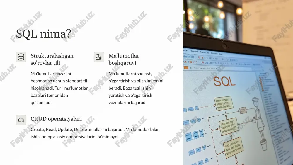ble ning filtrlangan va saralangan ko'rinishi. asl ma'lumotlarni o'zgartirmasdan ko'rinishlarni yaratish imkonini beradi. 14 tranzaksiyalar atomarlik (atomicity) barcha amallar to'liq bajariladi yoki umuman bajarilmaydi. yarim-yorti natijalar bo'lmaydi. izchillik (consistency) ma'lumotlar bazasi bir tutashlikdan boshqa bir tutashlikka o'tadi. buzilmagan holatda qoladi. izolyatsiya (isolation) tranzaksiyalar bir-biriga ta'sir qilmaydi. har bir tranzaksiya alohida bajariladi. doimiylik (durability) muvaffaqiyatli tranzaksiya natijalari saqlanib qoladi. hatto tizim ishdan chiqqanda ham yo'qolmaydi. 15 stored procedurelar 3x tezroq ishlaydi serverdagi kompilyatsiya qilingan kod oddiy so'rovlardan ko'ra tezroq ishlaydi. 99% xavfsizlikni oshiradi to'g'ridan-to'g'ri sql so'rovlarga qaraganda sql in'ektsiya xavfi kamayadi. 70% traffic kamayadi tarmoqda faqat protsedura nomi va parametrlar yuboriladi, butun so'rov emas. stored proceduralarni command.commandtype xususiyatini commandtype.storedprocedure ga o'zgartirib chaqirish mumkin. parameters kolleksiyasi orqali parametrlar uzatiish imkoniyati mavjud. 16 xavfsizlik choralari sql in'ektsiyadan himoya parametrlashtirilgan so'rovlar ishlatish kiritilgan ma'lumotlarni tekshirish minimal huquqlar bilan ishlash xatoliklarni boshqarish try-catch bloklaridan foydalanish xatolik tafsilotlarini yashirish xatolarni to'g'ri qayd qilish maxfiylikni ta'minlash connection …