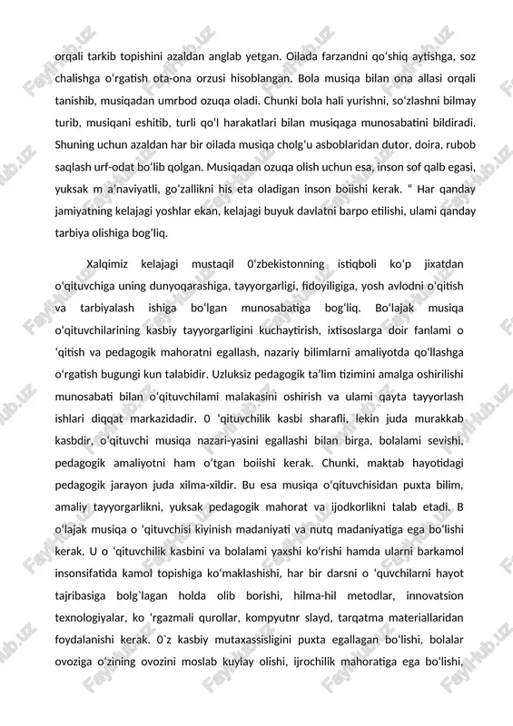 avoiy o‘z asarlarida musiqa tarbiyasining qirralarini chuquro'rganib, shunday dedi: “musiqa jamiyat hayotining muhim negizidir. faqat musiqaginaodamning qalbiga tiniqlik, mutanosiblik va o‘z-o‘zidan qanot tuyg‘usini olib kiradi va uni baxtiyor qiladi” forobiy fikricha: “musiqa - nodir san’at, ezgulikka yetaklovchi kuchdir” , “kimkiilm xikmat o‘rganmoqchi bolsa, avvalo o‘zi m a’naviy barkamollika erishmog‘i lozim” deydi abu rayxon beruniy. “har kimki hikmat o‘rganman desa, yoshlikdan bolasini, ilmli va dono kishilardan saboq olsin, shundagina u komillik darajasiga yetadi”; shunday ekan, hozirgi davrda, musiqa o‘qituvchisidan mas’uliyat, fanga yangicha yondashuv uning metodologiyasini chuqur o‘rganish talab etadi. umumta’lim maktablarida esa, musiqa madaniyati darslarning asosiy maqsadi, o‘quvchilarda musiqaga qiziqish uyg‘otish vositasida musiqiy madaniyatini tarkib toptirish. zero kuy va ohang ta’sirida inson ezgulikka intilish, go‘zallikni asrash, ona tabiatga, ona vatanga muhabbat his tuyg‘ularini shakllantirib, manaviy dunyosini boyitadi. kurs ishining maqsadi:iogann sibastyan baxning hayot yo’li,sermahsul asarlari va organ ijodi bilan tanishtirish. kurs ishi vazifalari: 1.iogann sibastyan baxning hayot yo’li bilan tanishish. 2.kompazitorning …