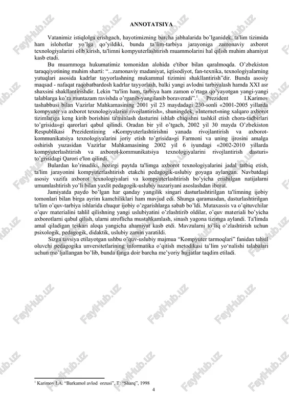 siy tushunchalari. 1-mavzu: tarmoq texnologiyalari fani haqida tushuncha. zamonaviy axborot-kommunikatsiya texnologiyalari reja: 1. axborot – kommunikatsiya texnologiyalari haqida tushuncha. 2. kommunikatsiya texnologiyalari va aloqa uchun kompyuterlardan foydalanish. 3. kompyuter tarmoqlari va uning asosiy tushunchalari 4. kompyuter tarmoqlari tarixi tayanch iboralar: kommunikatsiya. bit-sekund (bod). aloqa kanali. aloqa tarmog'i. telekommunikatsiya. manba. qabul qiluvchi,web brouzer, web peyjer, stansiya, abonent tizimi,lan, man,can,gan, mijoz-server 1. axborot – kommunikatsiya texnologiyalari haqida tushuncha «ta’lim to`g`risida»gi qonun, hamda «kadrlar tayyorlash milliy dasturi»ning qabul qilinishi o`zbekiston respublikasida ta’lim tizimini keng miqyosda isloh qilishning boshlanishi bo`ldi. ta’lim tizimini dunyo standartlari darajasiga yetkazish ushbu islohotning muhim vazifalaridan biridir. jahonda zamonaviy ta’limning xarakterli tomoni shundaki ta’limni axborotlashtirish va axboriy jamiyatning ehtiyojini hisobga olgan holda kadrlarni tayyorlash hisoblanadi. bu o`zbekiston respublikasi ta’limida ham ro`y bermoqda, axborotlashtirish sohasidagi davlat siyosati «axborot resurslari, axborot texnologiyalari va axborot tizimlarini rivojlantirish hamda takomillashtirishning zamonaviy jaxon tamoyillarini xisobga olgan holda milliy axborot tizimini yaratishga qaratilgan» . ushbu holatlar …