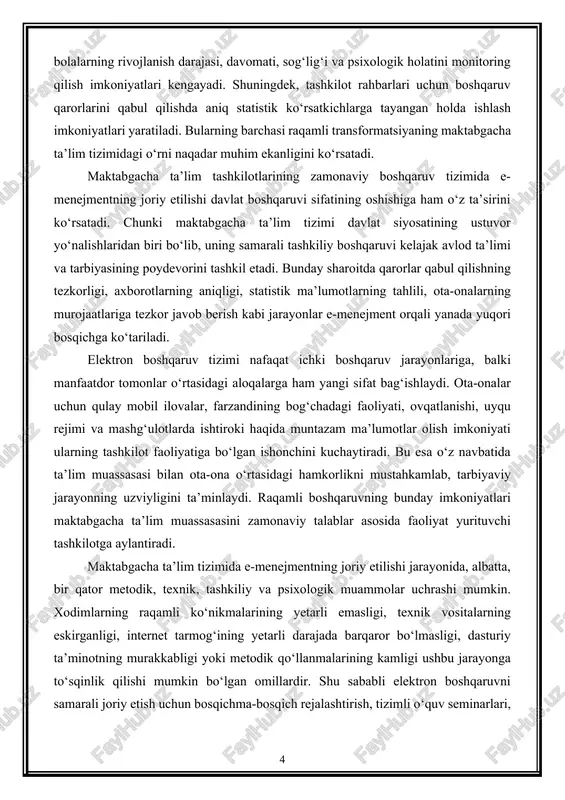 ing rivojlanish xaritalari yuritiladi, metodik materiallar elektron shaklda almashiladi, tarbiyachilar uchun malaka oshirish kurslarida masofaviy ta’lim imkoniyatlari kengayadi. bu jarayon tarbiyachi-pedagoglarning zamonaviy talablar asosida faoliyat yuritishiga ijobiy ta’sir ko‘rsatadi va ularning kasbiy kompetensiyasini oshiradi. yuqoridagilarni inobatga olgan holda aytish mumkinki, maktabgacha ta’lim tizimida elektron boshqaruv (e-menejment) tizimini joriy etish bugungi ta’lim jarayonining ajralmas qismiga aylanmoqda. bu jarayon boshqaruvni yengillashtiradi, axborot almashinuvini tezlashtiradi, tarbiyaviy jarayonni samarali tashkil etadi, ta’lim sifatini monitoring qilish imkoniyatlarini kengaytiradi va ta’lim tizimining raqamli transformatsiyasini jadallashtiradi. shu sababli elektron boshqaruvning maktabgacha ta’lim tizimidagi ahamiyati nafaqat texnik yangilik sifatida, balki boshqaruv va pedagogik jarayonlarni modernizatsiya qilishning strategik omili sifatida namoyon bo‘ladi. kurs ishining maqsadi: maktabgacha ta’lim tizimida elektron boshqaruv (e-menejment) tizimini joriy etishning nazariy asoslari va amaliy mexanizmlarini o‘rganish, uning samaradorligini oshirishga xizmat qiluvchi omillarni tahlil qilish hamda e-menejmentning ta’lim muassasasi boshqaruv jarayoniga ta’sirini ilmiy asoslash. kurs ishining vazifalari: · maktabgacha ta’lim tizimida boshqaruv jarayonining hozirgi holatini tahlil …