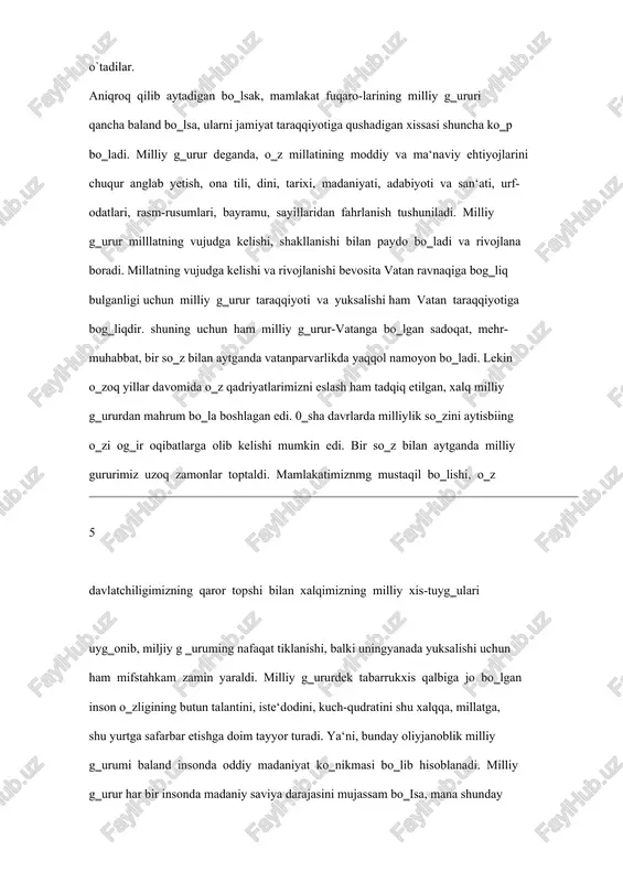 sligi mumkin. har bir insonda bilim asosidagi madaniy saviya shakllanmas ekan, u maqtanchoqlikka, manmanlikka yo‗l quyish mumkin. milliy g‗urur tuyg‗usi-milliy takabburlik, milliy manmansirash, milliy kekkayishga tamoman qarama-qarshidir. milliy g‗uruming aksi hisoblangan bunday g‗ayriinsoniy qiliqlar birlashib, milliy qalandimog‗likni vujudga keltiradi. milliy kalandimog‗lik ko‗pmillatli mamlakat sharoitida millatning bir-biriga yaqinlashtirmaydi, balki ular orasiga adovat o‗rig‗ini sochadi, birini ikkinchisiga dushman qilib qo‗ydi, turli nizolar kelib chiqishiga sabab bo‗ladi. umuman, milliy g‗urur har bir fuqaroning madaniy saviyasini, komilligini ifodalaydigan eng yuksak o‗lchovdir. milliy g‗urur baland inson millat, xalq, davlat, jamiyat manfaatini o‗z manfaatidan hamisha ustun quyadi. bugungi yoshlarimizda evropa madaniyatiga taqlid qilish odatlari kam bo`lsa-da, uchrab turadi. bunday hollarni bartaraf etish uchun har bir yosh avlod o`z eliga, xalqiga, yurtiga nisbatan kuchli g`urur, or-nomusni shakllantirishi maqsadga muvofiq. bu borada yoshlarimiz ko`proq g`urur, or-nomus, uyat, his- tuyg`u haqida o`zlariga kerakli o`gitlarni mazkur qo`llanmadan olishlari mumkin. 6 bitiruv malakaviy ishning maqsadi. boshlang‘ich sinf o‘quvchilarida ―odobnoma‖ darslari orqali …