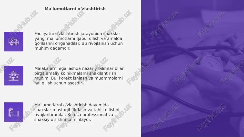 giyadir. natijada, o'z-o'zini baholash muvaffaqiyatlarning asosiy omilidir. shuningdek, o'z-o'zini baholash orqali yangi maqsadlar belgilash, kamchiliklarni aniqlash va rivojlanish yo'llarini topish mumkin. bu jarayon bilim va ko'nikmalarni o'zlashtirishda muhim rol o'ynaydi. bu usul shaxsiy va professional o'sishga yordam beradi. 01 02 o‘z-o‘zini baholash faoliyatni o'zlashtirish va malakalarni egallash jarayonida shaxs o'z fikrini aniq va ravon tarzda ifoda qilishga o'rganadi. bu jarayon muhim ahamiyatga ega. 01 03 05 malakalar egallashda o'z fikrini erkin va ochiq tarzda ifoda qilish rivojlanadi, ijtimoiy munosabatlar yaxshilanadi, shaxsning o'ziga bo'lgan ishonchi ortadi. yaxshi fikrni ifoda qilish orqali shaxs o'z bilim va ko'nikmalarini namoyish etadi, jamiyatda faol ishtirok etadi va shaxsiy rivojlanishga erishadi. o‘z fikrini ifoda qilish faoliyatni o'zlashtirish va malakalarni egallash jarayonida jamoaviy ishlarning muhimligi katta hisoblanadi. bu, ijtimoiy va professional rivojlanishni ta’minlaydi. jamoaviy ishlarda har bir a’zo o'z vazifasini aniq bajarishni o’rganadi. bu, umumiy maqsadga erishishni va tajribalarni oshirishni ta’minlaydi. malakalarni egallash va faoliyatni o'zlashtirishda muhim …