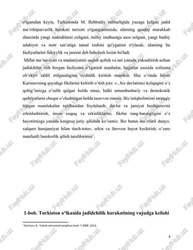 itda yuzaga keldi. uning tarkibi asosan buxorodagi shahar aholisining taraqqiyparvar qismi: ziyolilar, mullavachchalar, mayda doʻkondorlar va maʼmurlar, hunarmandlar, savdogarlardan iborat edi. jadidlarning dehqonlar va askarlar oʻrtasida nufuzi avvaliga past boʻlgan. jadidlar iqtisod va boshqaruv sohasida bir qator talablar, chunonchi, soliqlarni kamaytirish talabi bilan chiqishdi. ular dastlab buxorodagi amirlik tuzumi doirasida islohotlar joriy qilmoqchi boʻlishdi. buxoroda vobkentlik dehqon joʻraboy ilk yangi usul maktabini ochgan edi. buxorodagi jadidchilik harakatiga ayrim johil mullalar, har qanday yangilik va islohotlarning dushmani boʻlgan qadimiylar oqimi qarshi chiqdi. 20-asr boshlarida buxoro jamiyati 2 guruhga: ikrom domla rahbarligidagi taraqqiyparvarlar va mulla abdurazzoq boshchiligidagi qadimiylarga boʻlingan edi. 1908-yil buxoroi sharif shirkati darsliklar nashr etish va kitob savdosi bilan shugʻullandi. ahmadjon hamdiy (abusaidov), usmonxoʻja poʻlatxoʻjayev (usmon xoʻja), homidxoʻja mehriy, abdulvohid burhonov, abdulqodir muhiddinov, sadriddin ayniy, abdurahmon saʼdiy shirkatning tashkilotchilari edi. 1909-yil dekabrda jadidlar buxoroda tarbiyai atfol („bolalar tarbiyasi) maxfiy jamiyatini tuzishdi (asoschilari: abdulvohid burhonov, homidxoʻja mehriy, ahmadjon hamdiy, mukammil burhonov, …
