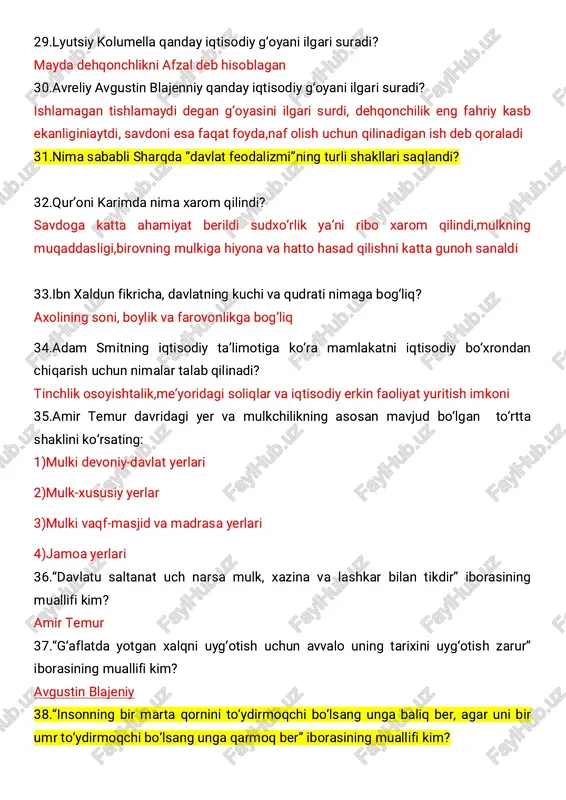 mur 37.“g‘aflatda yotgan xalqni uyg‘otish uchun avvalo uning tarixini uyg‘otish zarur” iborasining muallifi kim? avgustin blajeniy 38.“insonning bir marta qornini to‘ydirmoqchi bo‘lsang unga baliq ber, agar uni bir umr to‘ydirmoqchi bo‘lsang unga qarmoq ber” iborasining muallifi kim? 39.“bozor - bu hunarmandchilikni mukammallashtirish va mehnat unumdorligini oshirishning garovidir” iborasining muallifi kim? ibn xoldun 40.“vazir ko‘zining to‘q bo‘lishi uni har xil mol-mulk oldida suqlanishdan asraydi. ko‘zi och odam bor olamni yesa ham to‘ymaydi” iborasining muallifi kim? 41.“qul - tirik qurol, qandaydir tirik mulk”, degan fikr kimga tegishli? aristotel 42.qullar “gapiruvchi qurollar”, degan fikr kimga tegishli? aristotel 43.“davlatning kuchi va qudrati, aholining soni boylik va farovonlikka bog‘liqdir” iborasining muallifi kim? amir temur 44.merkantilizm ta’limotiga ko‘ra boylik qaysi sohada yuzaga keladi? savdoda,asosan”tashqi savdoda”paydo bo’ladi va ko’payadi 45.merkantilistik g‘oyalar aksariyat holda kimlarning asarlarida o‘z ifodasini topgan? ko’p sonli yozuvchilarning asrlarida o’z ifodasini topgan ayrim manbalarda 1764 yilga qadar angliyada merkantilizga oid 2377 ta asar hisobga …