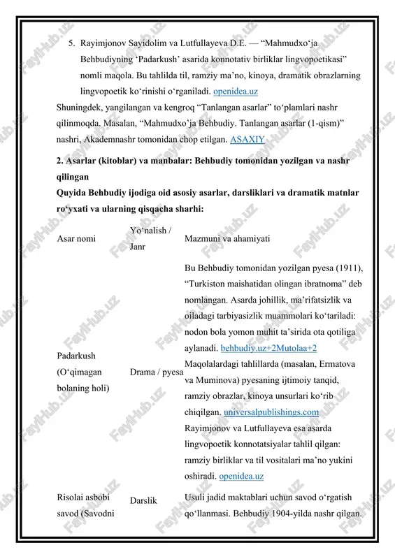 r (1-qism)” nashri, akademnashr tomonidan chop etilgan. asaxiy 2. asarlar (kitoblar) va manbalar: behbudiy tomonidan yozilgan va nashr qilingan quyida behbudiy ijodiga oid asosiy asarlar, darsliklari va dramatik matnlar ro‘yxati va ularning qisqacha sharhi: asar nomi yo‘nalish / janr mazmuni va ahamiyati padarkush (oʻqimagan bolaning holi) drama / pyesa bu behbudiy tomonidan yozilgan pyesa (1911), “turkiston maishatidan olingan ibratnoma” deb nomlangan. asarda johillik, ma’rifatsizlik va oiladagi tarbiyasizlik muammolari ko‘tariladi: nodon bola yomon muhit ta’sirida ota qotiliga aylanadi. behbudiy.uz+2mutolaa+2 maqolalardagi tahlillarda (masalan, ermatova va muminova) pyesaning ijtimoiy tanqid, ramziy obrazlar, kinoya unsurlari ko‘rib chiqilgan. universalpublishings.com rayimjonov va lutfullayeva esa asarda lingvopoetik konnotatsiyalar tahlil qilgan: ramziy birliklar va til vositalari ma’no yukini oshiradi. openidea.uz risolai asbobi savod (savodni chiqarish darsligi) darslik usuli jadid maktablari uchun savod o‘rgatish qo‘llanmasi. behbudiy 1904-yilda nashr qilgan. behbudiy.uz+1 bu darslik jadid maktablaridagi o‘quvchilarga fonetik yozuv, xat yozishni o‘rgatish uchun xizmat qilgan. risolai jug‘rofiyayi umroniy (aholi geografiyasiga kirish) …