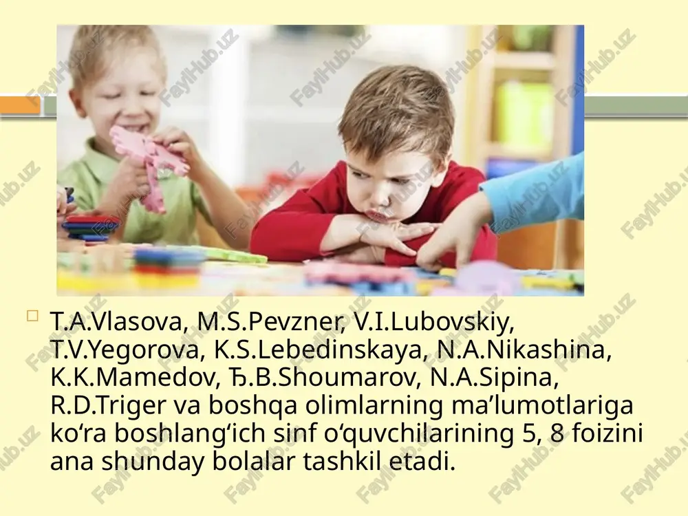 qoladilar miyaga aloqador organik infantilizmni ikkiga bo‘lishi mumkin: kayfi-ruxiyati o‘zgarib, aksari, ko‘tarinki ruhda bolalar, ularda o‘zlaridan yosh bolalarga xos hislatlar saqlangan bo‘ladi. kuproq kayfiyati past bo‘lib mayus tortib yuradigan bolalar, ularda vazifani mustaqil hal qila olmaslik, tashabbus ko‘rsata olmaslik, qo‘rqish holatlari ko‘riladi. miyaga aloqador organik harakterdagi yana shu ikki xil infantilizm ko‘p holatlarda qator qo‘shimcha hodisalar bilan birga davom etadi.bularga quyidagilar kiradi: serebral-endokrin infantilizm. bunda asosan ichki sekretsiya bezlari faoliyati buzilgan bo‘ladi.natijada bolalarda his-tuyg‘ular yaxshi rivojlanmay nevropatiya holatlari yuzaga keladi. bolaning uyqusi, ishtahasi yaxshi bo‘lmaydi, dispepsiya holatlariga moyillik paydo bo‘ladi. serebrastenik holatlar, bular ham tez-tez uchrab turadi. markaziy nerv sistemasi tez charchaydi, neyrodinamik o‘zgarishlar kuzatiladi. natijada aqliy qobiliyati susayib, xotira pasayadi, diqqati tarqoq bo‘lib qoladi, tez ta’sirlanish, qiz bolalarda yig‘loqilik, o‘g‘il bolalarda xaddan tashqari qo‘zg‘aluvchanlik kuzatiladi, bola ish qobiliyati past, arzimagan narsaga tez charchaydigan bo‘lib qoladi. tabiatan nevrozga yaqin holatlar, bular qorong‘udan, yakkalikdan qo‘rqish, o‘zi va atrofdagilar sog‘lig‘i uchun xavfsirash, …