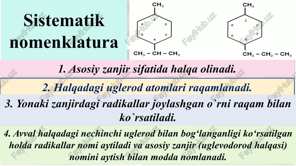 hi karbenlarning alkenlar bilan ta’siridan siklopropan hosilalari sintez qilinadi. 7. kijner, levina, shabarov →siklik gidrazonlarni katalitik parchalashda siklopropan va siklobutan hosilalari sintez qilinadi. 8. siklopentanonning fotolizi mahsulotlari orasida siklobutan ham bo’ladi (benson, kistyakovskiy). 9.ziegler-natta katalizatori yordamida sikloalkan hosil qilish jarayonida, masalan, butadiyen yordamida siklobutan olish reaktsiyasini ko‘rsatish mumkin. reaksiya quyidagicha amalga oshiriladi: butadiyen (c₄h₆) ziegler-natta katalizatori ishtirokida polimerlanib, o‘zini-o‘zi yopiq tuzilma holatiga o'tadi va siklik birikma hosil qiladi. katalizatorlar odatda titan tetraklorid (ticl₄) va alyuminiy etil (al(c₂h₅)₃) yoki shunga o‘xshash alyuminiy alkillar hisoblanadi. 10.kolbe elektrolizi yordamida karboksilat ionlaridan siklik alkan olish mumkin. masalan, natriy asetatning elektroliz reaksiyasi siklik uglevodorodlarni hosil qilishi mumkin: fizik xossalari. sikloalkanlar amalda suvda erimaydi. ularning xossalari alkanlar xossasiga o‘xshash bo‘lib, dastlabki ikki vakili gaz, qolganlari suyuqlik va yuqori molekulyar birikmalari qattiq moddalardir. sikloalkanlarning fizik xossalari. sikloalkanlarning fizik xossalari alkanlardan kam farq qiladi. kimyoviy xossalari sikloalkanlarda ham xuddi alkanlarga o‘xshab, hamma bog‘lari to‘yingan, lekin ular birikish reaksiyasiga …