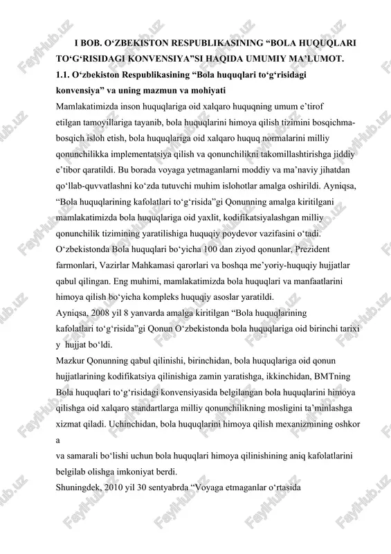 ib chiqishining oldini olishga qaratilgan kompleks huquqiy choratadbirlar tizimini belgilab berdi. mustaqillik yillarida mamlakatimizda bolalarni ijtimoiy-iqtisodiy va madaniy jihatdan qo‘llab-quvvatlash hamda ularga keng imkoniyatlar yaratishga qaratilgan o‘ta muhim umummilliy davlat dasturlari qabul qilindi. endilikda ular bosqichma- bosqich amalga oshirilmoqda. xususan, “sog‘lom avlod” (2000 yil), “ona va bola” (2001 yil), “ayollar va ulg‘ayayotgan avlod sog‘lig‘ini mustahkamlash bo‘yicha qo‘shimcha choratadbirlar to‘g‘risidagi davlat dasturlari (2012 yil), shuningdek, “yoshlar yili” (2008 yil) va “barkamol avlod yili” (2010 yil), “sog‘lom bola yili” (2014 yil), “sog‘lom ona va bola yili” (2016 yil)ga bag‘ishlangan davlat dasturlari va milliy harakat rejalari ishlab chiqildi. bugungi kunda bolalar va yoshlar masalalari davlat siyosatining asosiy diqqat markazida turganligini “yoshlarga oid davlat siyosati to‘g‘risida”gi (2016 yil 15 sentyabr), “bolalarni ularning salomatligiga zarar keltiruvchi axborotdan himoya qilish to‘g‘risida”gi (2017 yil 9 sentyabr) qonunlarning qabul qilinishi ham yaqqol ko‘rsatib turibdi. nima uchun o‘zbekistonda bola huquqlariga katta e’tibor qaratiladi? buni quyidagilar bilan izohlash mumkin. o‘zbekiston …