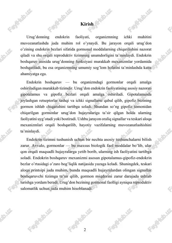 chuqur o’rganish muhimdir. endokrin faoliyat esa organizmdagi maxsus bezlar tomonidan bajariladi, ular gormonlarni to’g’ridan-to’g’ri qon aylanishiga chiqarib, turli organlar va to’qimalardagi retseptorlarga ta’sir ko’rsatadi. urug’don endokrin boshqarilishi esa asosan gormonal va neyroendokrin mexanizmlar orqali amalga oshiriladi. bu jarayonlarda gipotalamus, gipofiz bezlari va urug’don o’zi ishtirok etadi. endokrin boshqaruv tizimi doimiy muvozanatda bo’lib, u gormonlar sintezi va tarqalishini boshqarishni o’z ichiga oladi. bu orqali organizmning o’sish jarayoni, jinsiy rivojlanishi va tuxumdonning funktsiyasi uyg’unlashadi. shuningdek, urug’don gormonlari erkaklarda sperma ishlab chiqarish jarayonini va boshqa reproduktiv xususiyatlarni tartibga soladi urug’don (gipofiz) organizmda asosiy endokrin bez bo’lib, u tananing boshqa endokrin bezlari faoliyatini boshqaruvchi markaz hisoblanadi. urug’donning histologik tarkibida, anterior (old) va posterior (orqa) bo’limlar mavjud bo’lib, ular turli gormonlarni ishlab chiqaradi va qon orqali tananing turli qismlariga tarqatadi. endokrin boshqaruv tizimida urug’don gipotalamusdan keluvchi signalsiz ishlay olmaydi, chunki u gipotalamus tomonidan ishlab chiqarilgan releasing va inhibiting gormonlar orqali tartibga solinadi. shunday qilib, urug’don …