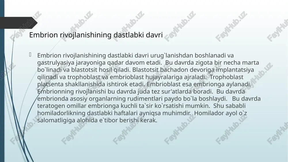 b kelishi mumkin. ba`zi hollarda, sabab aniqlanmaydi. buzilishning sababini aniqlash muhimdir. sababni aniqlash davolanishni tanlashda yordam beradi. odam embriogenezi buzilishlarining sabablari odam embriogenezi buzilishlarini aniqlash uchun turli xil diagnostika usullaridan foydalaniladi. ultratovush tekshiruvi homila rivojlanishini kuzatish va turli xil nuqsonlarni aniqlashda yordam beradi. amniosentez va xoriotsentez kabi invaziv usullar genetik nuqsonlarni aniqlashga yordam beradi. qon tahlillari ham ba`zi genetik buzilishlarni aniqlashga imkon beradi. diagnostika usullari tanlash homiladorlikning muddati va boshqa omillarga bog`liq. erta diagnostika muhimdir. erta aniqlangan buzilishlarni davolash yoki boshqarish mumkin. odam embriogenezi buzilishlarining diagnostikasi odam embriogenezi buzilishlarining oldini olish uchun bir qancha choralardan foydalanish mumkin. sog`lom turmush tarzini olib borish juda muhimdir. to`g`ri ovqatlanish, jismoniy faollik va stressdan saqlanish homiladorlik davrida juda muhimdir. homiladorlikdan oldin va davomida zararli odatlardan voz kechish kerak. zararli moddalar ta`siridan saqlanish lozim. infektsiyalardan himoya qilish kerak. genetik maslahatlashuv genetik nuqsonlar xavfini kamaytirishga yordam beradi. vaktsinatsiya ba`zi infektsiyalarni oldini olishga yordam beradi. odam embriogenezi …