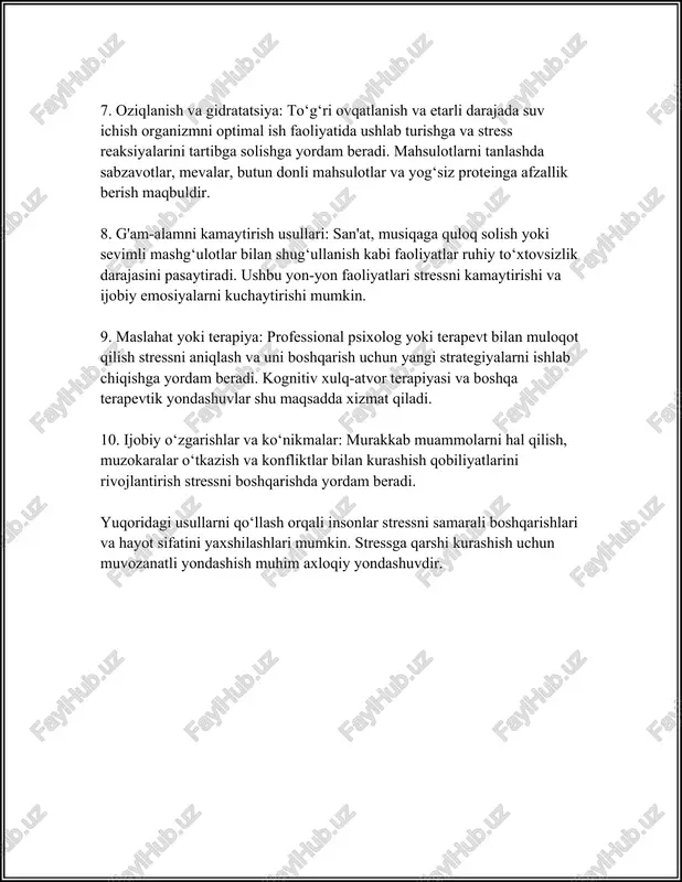 ashini ta'minlab, stressni kamaytiradi. 6. uyqu sifati: sog'lom uyqu stressni boshqarishga yordam beradi. yetarli miqdorda uyqu — kuniga kamida 7-8 soat — organizmning stressga chidamliligini oshiradi va asab tizimini mustahkamlaydi. amerikalik tadqiqotchilarning ma'lumotlariga ko'ra, yetarli uyqu organizmdagi kortizol darajasini kamaytirib, yana-da yaxshi ruhiy holatni ta'minlaydi. 7. ijtimoiy aloqalar va qo'llab-quvvatlash: do'stlar va oilaning qo'llab-quvvatlashi stress bilan kurashishda katta yordam beradi. emotsional qo'llab-quvvatlash va ijtimoiy muloqot odamlarning stress darajasini pasaytiradi va ularga ruhiy baquvvatlik beradi. katta ijtimoiy doiraga ega bo'lish, muntazam birgalikda vaqt o'tkazish stressning ta'sirini kamaytirishi aniq. stressning fiziologik va psixologik ta'siri murakkabdir, lekin samarali boshqarish usullari bilan inson salomatligiga salbiy ta'sirlarni kamaytirish mumkin. har ikki yondashuv ham — harakat va dam olish, sog'lom turmush tarzi va stressni yengishga ko'maklashuvchi texnikalar — muvofiqlikda qo'llanilganda eng yaxshi natijalar berishi mumkin. 3. nafas olish texnikalari stressni boshqarishning samarali usullari orasida nafas olish texnikalari muhim rol o‘ynaydi. bu texnikalar tanani va ongni tinchlantirishga …