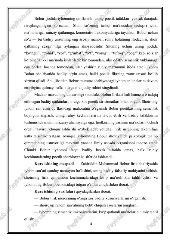 hi, psixologik-tahliliy metodlar qo‘llanildi. qiyosiy metod iyhomning navoiy, hofiz, jomiy singari shoirlar an’anasi bilan bog‘liqligini aniqlashga xizmat qiladi. struktur-semantik yondashuv bobur she’riyatidagi ikki ma’nolilikning ichki tuzilishini o‘rganishga imkon beradi. psixologik tahlil esa shoirning ruhiy kechinmalari iyhom orqali qanday badiiy ifodalanishini ochadi. shunday qilib, “bobur lirikasi va iyhom” mavzusi nafaqat adabiy tahlil uchun, balki shoirning ruhiy olamiga chuqur kirib borish, uning poetik tafakkurini keng doirada anglash imkonini beruvchi dolzarb ilmiy yo‘nalishdir. bobur ijodidagi iyhom san’ati — bu shoirning ruhiy olami, shuhrat va musibatlar girdobidagi ichki kechinmalarining badiiy talqini, ikki ma’nolilik orqali yashirin ma’no yaratish mahorati va mumtoz lirikani yuksak darajaga olib chiqqan poetik hodisadir. kurs ishining tuzilishi: kirish, 3 ta murakkab reja, xulosa va foydalanilgan adabiyotlar ro‘yhati. 2. bobur lirik she’riyatida iyhom san’atining badiiy-falsafiy ildizlari va sharq mumtoz poeziyasi an’analari bilan uyg‘unligi. bobur lirik she’riyatida iyhom san’atining badiiy-falsafiy ildizlari va uning sharq mumtoz poeziyasi an’analari bilan uyg‘unligi shoir ijodining eng murakkab, …