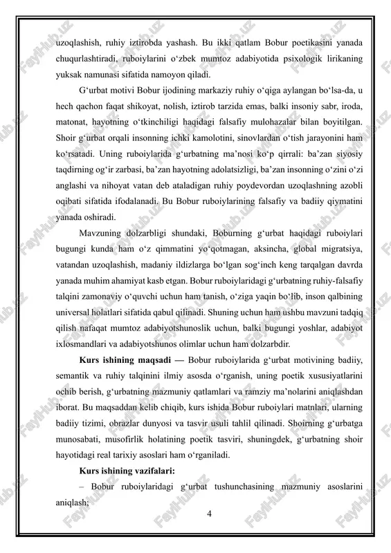 ni, insonning ichki dunyosini, milliy o‘zlikni, ruhiy barqarorlikni aks ettiradi. shu jihatdan mazkur mavzuni ilmiy o‘rganish o‘zbek mumtoz adabiyotining ruhiy-estetik qirralarini chuqurroq anglashga yordam beradi. kurs ishining tuzilishi: kirish, 3 ta murakkab reja, xulosa va foydalanilgan adabiyotlar ro’yhati. 2. bobur ruboiylarida g‘urbat tushunchasining tarixiy-psixologik asoslari va musofirlik tajribasi bilan bog‘liq badiiy talqini. bobur ruboiylarida “g‘urbat” motivining shakllanishi, avvalo, shoir hayotining murakkab va keskin tarixiy sharoitlari, siyosiy ziddiyatlar, hokimiyat uchun kurashlar, davlatning qo‘ldan ketishi, yurtini tark etishga majbur bo‘lishi kabi og‘ir kechinmalar bilan chambarchas bog‘liqdir. bobur shaxsiy taqdirining ushbu o‘ta murakkab burilishlari uning ruboiylarini mazmunan boyitgan, ularni o‘zbek mumtoz adabiyotida g‘urbat mavzuining eng chuqur va ta’sirchan badiiy talqiniga aylantirgan. bobur hayotining ilk davri — andijon taxtiga chiqqan yoshligidan boshlab, o‘zining hukmronligini saqlash yo‘lida kurashgan, ammo siyosiy raqobatlar, ichki nizolar, shayboniyxonning kuchayishi va qo‘ldan ketgan imkoniyatlar uni erta yoshdan boshlab o‘z yurtidan uzoqlashish holatiga olib kelgan. uning farg‘ona vodiysidan samarqandga, samarqanddan yana …