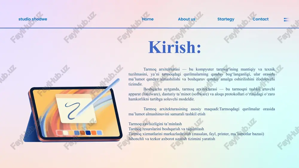 . «yulduz» topologiyasidagi tarmoq kompyuterlarining buzilishga barqaror ishlashi haqida so'z yuritadigan bo'lsak, tashqi kompyuterlardan birining buzilishi tarmoqda ishlayotgan kompyuterlarga ta'sir qilmaydi, lekin markaziy kompyuterning har qanday buzilishi tarmoqning butunlay ishdan chiqishiga olib keladi. kabellardan birortasida uzilish yoki qisqa to'qnashuv ro'y bersa, «yulduz» topologiyasida faqat bitta kompyuterda axborot almashinuvi to'xtaydi, qolgan hamma kompyuterlar odatdagicha ishini davom ettirishi mumkin. «yulduz» (zvezda, star) bitta markaziy kompyuterga qolgan hamma tashqi kompyuterlar ulanadi, har bir kompyuter alohida o'z aloqa yo'llaridan foydalanadi (2-rasm); about us studio shodwe home startegy contact «passiv yulduz» topologiyasi. ba'zi hollarda yulduzsimon ulanishni kengaytirish imkoni mavjud, agarda, tashqi abonentlardan binning o'rniga markaziy abonent ulansa, natijada, o'zaro ulangan bir necha yulduzlardan tashkil topgan topologiya hosil bo'ladi. 2-rasmda keltirilgan «yulduz» topologiyasi «aktiv yulduz», deb ataladi, 5-rasmda keltirilgan chizma «passiv yulduz» topologiyasi bo'lib, u faqat tashqi ko'rinishdangina yulduzga o'xshashdir. amaliyotda «passiv yulduz» topologiyasi «aktiv yulduz» topologiyasiga nisbatan ko'p tarqalgan. hozirgi kunda eng ko'p tarqalgan va …