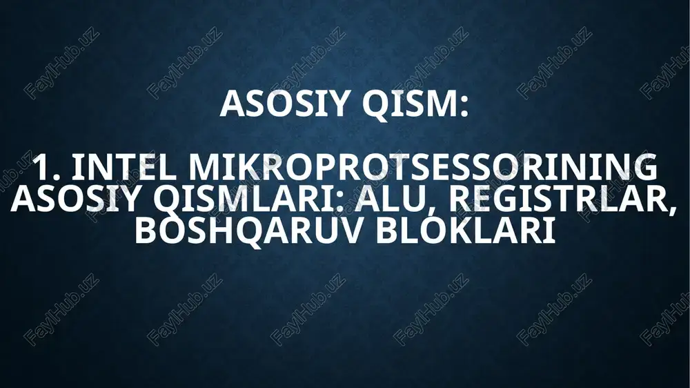 yaqinidagi ma’lumotlar ham tez orada talab qilinishi mumkin.darajali kesh xotira (l1, l2, l3) – mikroprotsessor ichida bir nechta kesh darajalari mavjud bo‘lib, ularning tezligi va hajmi farqlanadi:l1 – eng tezkor va yadroga yaqin kesh, alu va registrlar bilan ishlaydi.l2 – l1 dan katta hajmga ega, biroz sekinroq, qo‘shimcha ma’lumotlarni saqlaydi.l3 – barcha yadro tomonidan ishlatiladi, asosiy xotira bilan tezkor almashuvni ta’minlaydi.cache hit – talab qilingan ma’lumot kesh xotirada mavjud bo‘lsa.cache miss – talab qilingan ma’lumot kesh xotirada mavjud bo‘lmasa, u asosiy xotiradan olinadi va keshga yoziladi. asosiy qism: 3. bus tizimi va tashqi qurilmalar bilan aloqasi bus tizimi va tashqi qurilmalar bilan aloqasiintel mikroprotsessorining samarali ishlashi ko‘p jihatdan uning tashqi qurilmalar bilan o‘zaro aloqasini ta’minlaydigan bus tizimiga bog‘liq. bus tizimi – bu ma’lumotlar, buyruqlar va boshqaruv signallarini mikroprotsessor, xotira va tashqi qurilmalar o‘rtasida uzatishga xizmat qiladigan umumiy ma’lumot yo‘li yoki kanalidir.bus tizimi odatda uchta asosiy turga bo‘linadi:ma’lumotlar busi (data bus) …