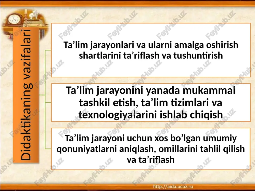 n: 1. ta’limning mazmunga aloqador tamoyili 2. tashkiliy-metodik tamoyili ta’limning tashkiliy-metodik tamoyillari ta’limning tizimliligi ta’limning izchilligi ta’limda onglilik ta’limda faollik ta’limda mustaqillik ta’limning o‘quvchilarga mos bo‘lishi ta’limda ko‘rsatmalilik ta’limda bilim ko‘nikma va malakalarni puxta va mustahkam o‘zlashtirish tamoyili ta’limda tushunarlilik ta’limning tushunarliligi tamoyili - o‘quvchilarning mavjud imkoniyatlarini hisobga olish, jismoniy va psixik sog‘lig‘iga yomon ta’sir etuvchi intellektual va emotsional qiyinchiliklardan voz kechishni talab etadi. ta’limning tushunarli bo‘lishi o‘quvchilarning yoshi, bilish imkoniyatlarini hisobga olib o‘qishning mazmunini to‘g‘ri aniqlash demakdir, ya’ni, har bir o‘quv fani bo‘yicha o‘quvchilar egallab olishi zarur bo‘lgan bilim, amaliy ko‘nikma va malakalari hajmini to‘g‘ri aniqlashdir. ta’lim mazmuniga aloqador tamoyillar tabiat bilan uyg‘unlik madaniyat bilan uyg‘unlik ta’limning fundamentalligi ta’limning ilmiylik amaliy yo‘nalganligi ta’lim va tarbiyaning uyg‘unligi insonparvarlashtirish e’tiboringiz uchun rahmat! image2.jpeg image3.jpeg image4.png image5.png image6.png image7.png image8.jpeg image1.jpeg /docprops/thumbnail.jpeg