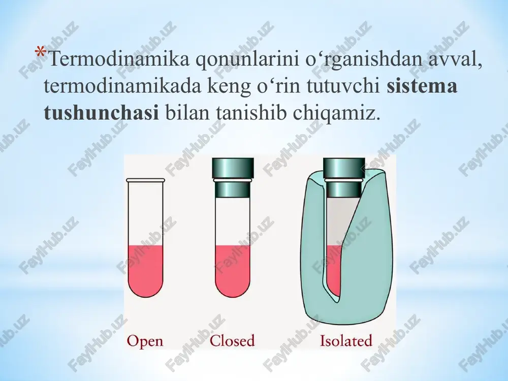 hosil bo'ladi. masalan, a— 80 markali benzinga nisbatan, a— 91 yoki a—93 benzinlarining yonish temperaturasi baland. shuning uchun avtomobilga quyilgan benzin sifatiga qarab dvigatel quvvati har xil bo'ladi. yuqorida ko'rilgan tajribada gaz temperaturasi t1 dan t2 ga ortganligi tufayli uning ichki energiyasi ham a u= u2 – u1 ga ortdi. shunday qilib, gazga berilgan issiqlik miqdori q, gazning ichki energiyasini oshirishga hamda gazning tashqi kuchlarga qarshi ish bajarishiga sarflanar ekan termodinamikaning birinchi qonuni issiqlik jarayonlari uchun energiyaning saqlanish qonuni hisoblanadi. bu qonunni xix asr o'rtalarida aslida shifokor bo'lgan nemis olimi r. mayer (1814—1878), ingliz olimi d. joul (1818-1898) kashf etgan. nemis olimi g. gelmgols (1821— 1894) o'z asarlarida uni yanada to'laroq ta'riflab bergan masala yechish namunasi dvigatelda yoqilg'ining yonish davrida silindrdagi temperatura 750° s ga ko'tarildi. bu davrda 5 mol miqdorda yoqilg'i sarflangan bo'lsa, bajarilgan ish miqdori nimaga teng? atrof temperaturasini 20°c ga teng deb oling devori qalin, issiqlik o'tkazish …