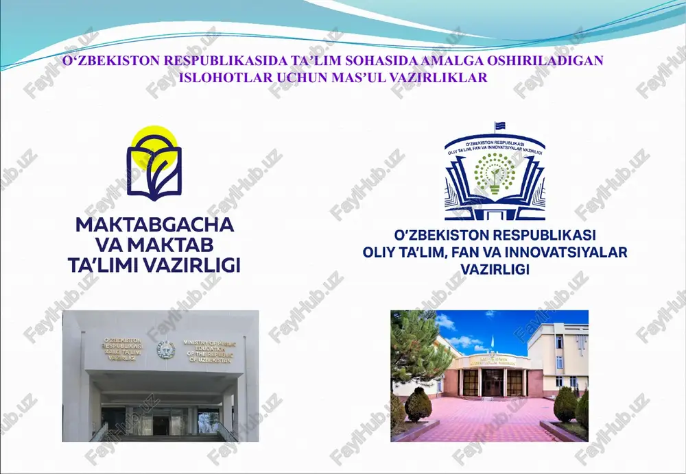 ror va farmoyishi qabul qilingan. joriy yilda yangi taʼlim muassasalarini qurish, mavjudlarini taʼmirlashga alohida eʼtibor qaratildi. 12 ta umumtaʼlim maktabi yangitdan barpo etildi, 320 tasi rekonstruksiya qilindi, 152 ta maktab kapital taʼmirlandi. shuningdek, 107 ta maktabgacha taʼlim muassasasi rekonstruksiya qilindi va qurildi, 195 ta bog‘cha kapital taʼmirlandi. farzandlarimiz tarbiyasida eng asosiy bo‘g‘in hisoblangan maktabgacha taʼlim tizimining jamiyatimiz hayotidagi katta o‘rni va ahamiyatini eʼtiborga olib, maktabgacha taʼlim vazirligini tashkil etildi. umumiy o‘rta taʼlim sohasida 11 yillik tizimga o‘tildi, akademik litsey va kasb-hunar kollejlarini optimallashtirish, joylardagi o‘qituvchilarga bo‘lgan ehtiyojni qoplash uchun toshkent viloyatida chirchiq davlat pedagogika instituti tashkil etildi. 15 ta oliy taʼlim muassasasida tashkil etilgan maxsus sirtqi bo‘limlarda o‘rta maxsus maʼlumotga ega bo‘lgan 5 mingdan ortiq pedagoglar uchun 12 ta yo‘nalish bo‘yicha oliy maʼlumot olish imkoniyati yaratildi. taʼlim tizimidagi innovatsiya va kreativ yondashuvlar asosida muhammad xorazmiy va mirzo ulug‘bek nomlari bilan ataladigan, aniq fanlar chuqur o‘qitiladigan maxsus maktablar tashkil etildi. oliy …