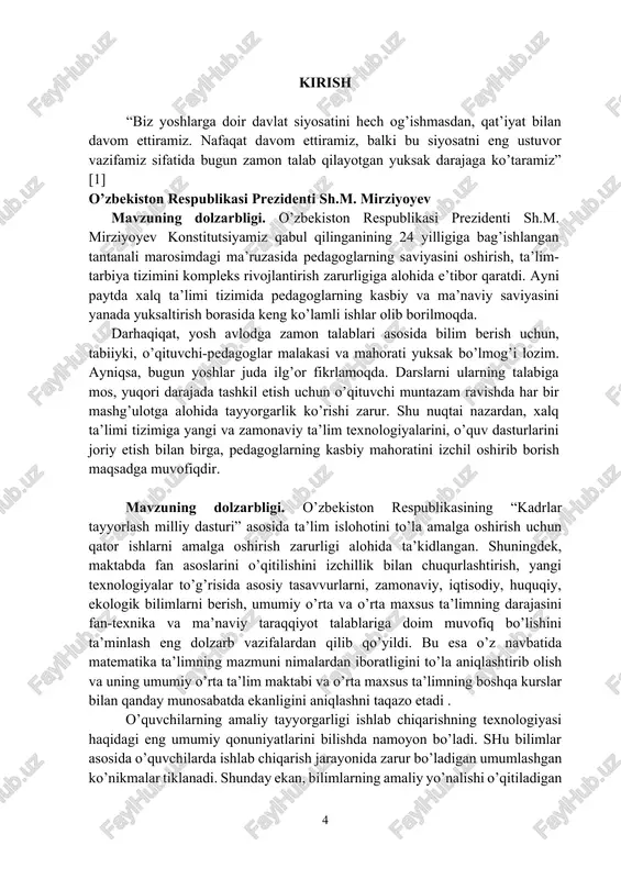 r yordamida echishga o’rgatiladi. informatikani o’qitish jarayonida o’quvchilar matematik modellashtirishga o’rgatish muammolari respublika olimlaridan n.gaybullaev, n.eshpo’latov, m. raemov va boshqalarning ilmiy izlanishlarida o’z ifodasini topgan. ammo yangi iqtisodiy – ijtimoiy sharoitda, uzluksiz ta’lim tizimining muhim bug’inini umum ta’lim maktablari tashkil qiladi. ta’kidlash lozimki maktab matematika kursida matematik modellashtirish muammolari maxsus tadqiq etilmagan. yuqorida keltirilgan xolatlar biz tanlagan “daturlash tillarini o’qitish” mavzusidagi kurs ishimizning mavzusi dolzarbligini ko’rsatadi. kurs ishining maqsadi: umumiy o’rta ta’lim maktab informatikani o’qitish jarayonida o’quvchilarni daturlash tillarini o’rgatishning yo’llari, usullari va bosqichlarini ishlab chiqishdan iborat. kurs ishining ob’ekti: umumiy o’rta ta’lim maktablarida informatika kursini o’qitish jarayoni. kurs ishining predmeti: umumiy o’rta ta’lim maktablarida informatika kursini o’qitish davomida o’quvchilarni daturlash tillarini o’qitish metodikasi. kurs ishining vazifalari: 1. mavzuga oid metodik adabiyotlarni, me’yoriy xujjatlarni, o’quv darsliklarni, metodik qo’llanmalarni o’rganish, taxlil qilish, umumlashtirish. 2. kombinatorika elementlarni zarur bo’ladigan bilim, ko’nikma va malakalarni shakllantirish metodikasini shakllantirish. 3. kurs ishi xulosalarining to’g’riligini, ishlab …