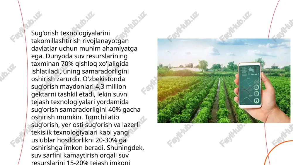 asalan, damlash sug'orish texnologiyalari suvni 30-50% tejalishiga yordam berishi mumkin. dronlar yordamida hosildorlik monitoringi qilinishi natijasida hosilni 15-20% oshirish mumkinligi kuzatilgan. yerlarni zararkunandalarga qarshi davolashda, bioinsektitsidlar qo'llanib, kimyoviy o'g'itlarni 30% gacha kamaytirish mumkin. sun'iy intellekt texnologiyalari bilan hosil prognozlari 80% aniq bo'lgan. sensor texnologiyalari bilan azotli o'g'itlardan 20-40% tejamkorlikka erishilgan. bu texnologiyalar qishloq xo‘jaligida barqaror rivojlanishni qo‘llab-quvvatlaydi. agranomiyadagi istiqbolli vazifalar va bu soxadagi muammolarni xal etish yo'llari turgunaliyev sarvarbek e'tiboringiz uchun raxmat! image1.png image2.png image3.png image4.jpeg image5.png image6.jpg image7.jpg image8.jpg image9.jpg image10.jpg image11.jpg manure spreader working