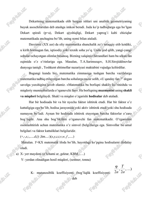 sepilgan o’git miqdori h – namlik (suv, yomg`ir, qor suvi, ... ) unda yig`ib olinayotgan hosil miqdorining unga ta’sir ko’rsatuvchi faktorlarga bog`liqligini y = k1x + k2q + k3n + k4h + ... deb ifodalash mumkin. matematika fani o’zining o’rganish qurollariga-apparatlariga ega. ana shu apparatlarning xususiyatlarini, ta’sir sohalarini va tadbiq doiralarini o’rganuvchi qismlariga uning xususiy bo’limlari deymiz. sizga taqdim etilayotgan matematika «oliy matematika» deyiladi. u quyidagi qismlarni o’z ichiga oladi. 1. chiziqli algebra va analitik geometriya elementlari. 2. matematik analizga kirish. 3. bir o’zgaruvchi funktsiyaning differensial hisobi. 4. aniqmas va aniq integral hisob. 5. oddiy differensial tenglamalar. 6. sonli va funksional qatorlar nazariyasi. 7. ko’p argumentli funksialar, ularning differensial hisobi. 8. karrali va egri chiziqli integrallar. 9. maydon nazariyasi elementlari. 10. operatsion hisob, uning tadbiq elementlari. 11. matematik fizika tenglamalari. 12. ehtimollar nazariyasi va matematik statistika elementlari 2-jadval. grek harflari adabiyotlar 1. abdalimov v., solixov sh. oliy matematika qisqa kursi.- …