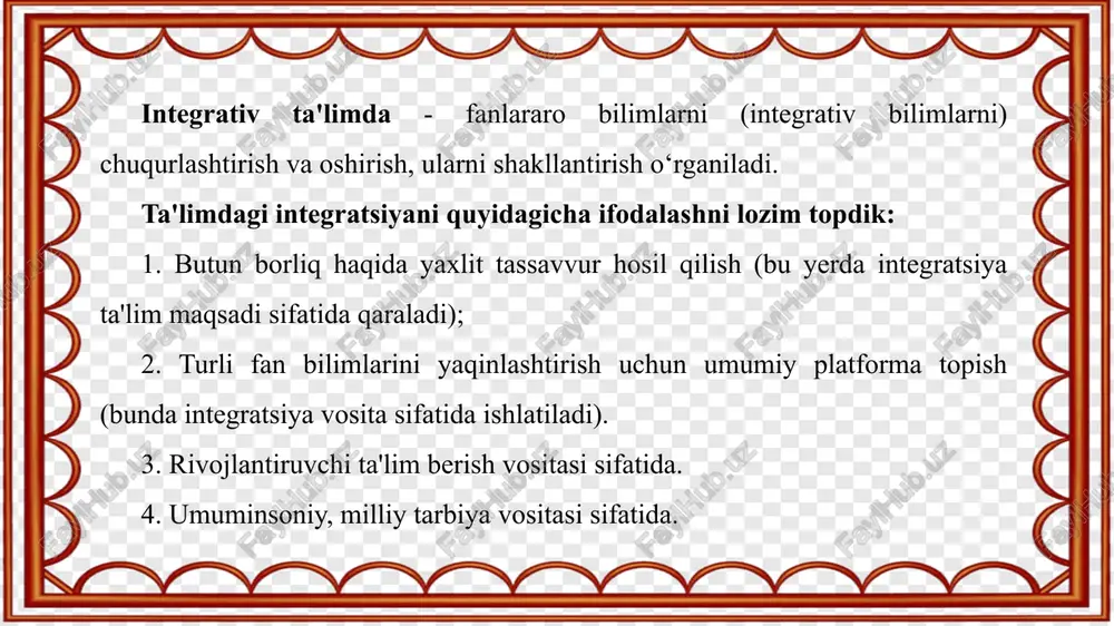 oir masalalar echiladi, texnologiya darslarida mevalarni yasash mumkin. shunda esa darsni mukammal o’zlashtirib olishlariga imkon yaratadi. masalan; bog’da o’quvchilar birinchi kuni 35 kg, ikkkinchi kuni 45 kg olma terishdi. hammasi bo’lib necha kg olma terishdi? 35+45=80 javob: 80 kg. bu masala asosida mevalar rasmini chizishlari mumkin. bola bir darsning o’zida kuz haqida o’rgandi, mevalar haqida bildi va rasm chizdilar, kuz mevalari haqida masala echdilar. shunday qilib o’quvchi birgina integratsiya darsida juda ko’p ma`lumotlarga ega bo’ldi va uzoq vaqt esda saqlab qoladilar deb o’ylayman. matematika, jismoniy tarbiya, tabiat, musiqa darslari mujassamlashtirilsa foydadan holi bo’lmaydi. musiqa eshitish, mavzu yuzasidan misol echish, narsalar yasash bular hammasi darsni yaxshi chiqishiga olib keladi deb o’ylayman. fanlarni integratsiya qilib dars o’tilganda quyidagilarga e`tibor berish kerak.  har bir dars muayyan maqsadga yo’naltirilgan bo’lishi kerak.  fanlararo aloqalarga oid tanlangan qo’shimcha material o’tiladigan mavzu bilan bog’lanishi shart.  sinf o’quvchilari faolligini oshirish maqsadida ular bilan ishlash yo’llarini …