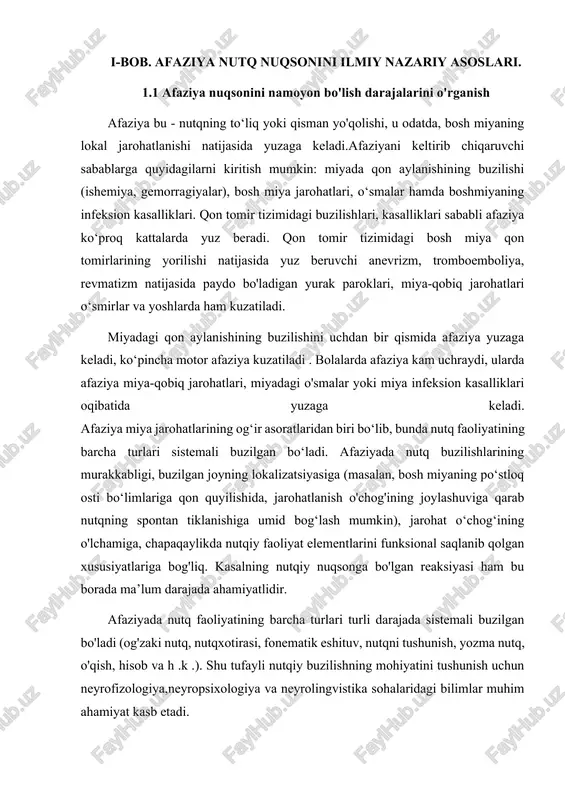 arohatlar sababli yuzaga kelgan nutqiy buzulishlar tiklanishi ba’zida spontan (o‘z- o'zidan , jiddiy tibbiy aralashuvisiz) ravishda yuz berib, chegaradosh zonalar uzoq muddatli logopedik aralashuvini talab qilmaydi. afaziya holatida logopedik ishni ertaroq boshlashning ahamiyati shuki,logopedik chora-tadbirlar nutqiy funksiyalarning spontam tiklanish jarayonini faollashtiradi. logopedik ishlar kechroq, rezidual bosqichda boshlangan taqdirda shakllanib ulgurgan barqaror nutqiy buzilishlarni yengib o'tishga to‘g‘ri keladi. nutq zonalari zararlanganda, mos keluvchi analizator tizimining maxsus, o‘ziga xos faoliyatini amalga oshiruvchi dastlabki belgilar buzilishi kuzatiladi .birlamchi analizator buzilishi asosida ikkilamchi buzilish, shuningdek, maxsus, tilni barcha funksional tizimining bo’linishi yuzaga keladi, ya’ni barcha nutqiy faoliyat ko‘rinishlarida buzilish yuzaga keladi; nutqni, og‘zaki va yozma nutqni, hisobni va h.k. larni tushunish. nutqni, ekspressiv nutqni, o‘qish va yozuvni tushunishning buzilishi xarakteri va darajasi, eng avvalo , bosh miya po‘stlog‘idagi jarohat o‘chog‘ining kattaligiga bog‘liq bo‘lmay, balki turli xil nutqiy jarayonlarni amalga oshirishga o‘zining turlicha hissasini qo'shgan gnostik (kinestetik,akustik yoki optik) shart-sharoitlarga bog’liq. afaziya tufayli buzilgan nutqiy …