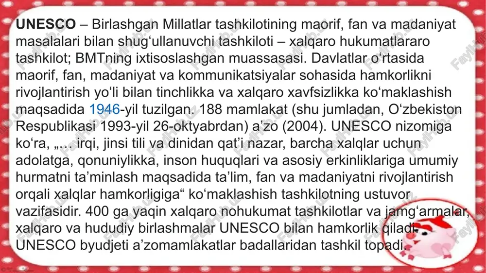 li oʻtkazib kelinmoqda. umumiy boshqaruv haqida unesco boshqaruvining, umumiy majlisga qoʻshilgan va hukumatlarning nomzod boʻlgan vakillari, 58 azodan tashkil topadi. unesco boshqaruv aʼzolarining saylovi, 4-yilda 1 marotaba oʻtkaziladi. unesconing oʻzbekistondagi boshqaruv aʼzolari bosh prezident: prof. rustam qosimov prezident oʻrinbosari: dr. vladimir norov bosh kotib: alisher ikramov bosh kotib oʻrinbosari: saidafzal mallakhanov kotiblik unesco umumiy majlisda olti-yil uchun saylangan bosh prezidentning qoʻl ostida ishlayotgan unesco kotibligi taʼlim, bilim, madaniyat va aloqa boʻlimlariga ayrilgan. kotiblikning bosh vazifasi, unesconing ikki yillik rejalarini amalga oshirishdan iborat. hozirda unescoga aʼzo davlatlarning soni 191dan iborat. komissiya, rais komissiya a’zolari — 15 nafar, jamoatchilik asosida kotibiyat, bosh kotib 1 bosh kotib o‘rinbosari 1 ta’lim va ilm-fan masalalari bo‘limi 3 kommunikatsiya va axborot masalalari bo‘limi 2 yuriskonsult, kadrlar bo‘yicha mutaxassisi 1 madaniyat masalalari bo‘limi 3 xalqaro maslahat qo‘mitasi koordinatori 1 bosh buxgalter 1 “yunesko ishlari bo‘yicha o‘zbekiston respublikasi milliy komissiyasining tuzilmasi o‘zbekiston respublikasi vazirlar mahkamasining qarori yunesko ishlari …