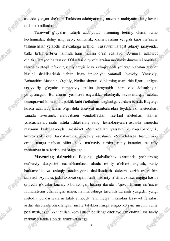 rurati bilan belgilanadi. tasavvuf falsafasi insonning ruhiy kamoloti, nafsni yengish, ezgulikka sodiqlik, ilohiy muhabbat, mehr-shafqat, rostgo‘ylik va sabr kabi fazilatlarni targ‘ib qiladi. adabiyot darslarida ushbu g‘oyalarni o‘rgatish o‘quvchilarda ma’naviy-axloqiy sifatlarning mustahkamlanishiga xizmat qiladi. tasavvufiy meros orqali yosh avlodni komil inson g‘oyasi ruhida tarbiyalash imkoniyati kengayadi, ular ezgulik va nurga intilgan inson sifatida shakllanadi. yassaviy, navoiy, mashrab, ogahiy kabi adiblarning asarlarini chuqur anglash uchun tasavvufning mohiyati, uning falsafiy tamoyillarini tushunish zarur. mazkur mavzu adabiyotshunoslik va pedagogika uchun ham katta ilmiy ahamiyatga ega, chunki tasavvufiy matnlarning badiiy tahlili, ramziy obrazlar, majozlar, ruhiy holatlar va botiniy mazmunni ochib berish o‘quvchilarning tafakkurini kengaytiradi, ularni badiiy matnni chuqur o‘qishga o‘rgatadi. shunday qilib, mavzu adabiy tafakkurni rivojlantirish, o‘quvchilarning tahliliy fikrlash qobiliyatini oshirishda ham muhim ahamiyat kasb etadi. zamonaviy ta’lim jarayonida ma’naviy tarbiya masalalarining dolzarblashgani, adabiyot fanining tarbiyaviy salohiyatiga bo‘lgan e’tibor ortgani mazkur mavzuning ahamiyatini yanada kuchaytiradi. tasavvufiy g‘oyalarni interfaol metodlar, innovatsion yondashuvlar orqali o‘qitish o‘quvchilarda fikr …
