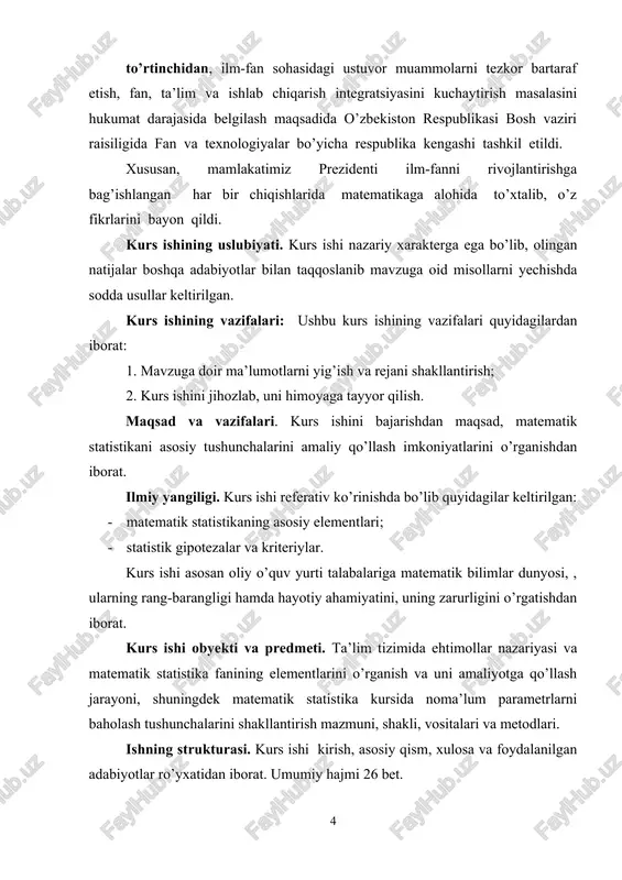 mindan iborat bo’lsa, u holda konkurent gipoteza degan taxmindan iborat bo’lishi mumkin; ya’ni : ; : . oddiy gipoteza deb faqat bitta taxminni o’z ichiga olgan gipotezaga aytiladi. masalan, normal taqsimotning ( ma’lum) matematik kutilmasi 3 ga tengligidan iborat gipoteza oddiy gipotezadir. murakkab gipoteza deb chekli yoki cheksiz sondagi oddiy gipotezalardan iborat gipotezaga aytiladi. masalan, ekanligidan iborat bo’lgan murakkab gipoteza : ko’rinishdagi oddiy gipotezalarning cheksiz to’plamidan iborat, bu erda dan katta ixtiyoriy son. taklif etilgan gipoteza to’g’ri yoki noto’g’ri bo’lishi mumkin, shuning uchun bu gipotezani (statistik usullar bilan amalga oshiriladigan) statistik tekshirish zarurati tug’iladi. gipotezani statistik tekshirish natijasida xatolarga yo’l qo’yilishi mumkin. birinchi tur xato to’g’ri gipoteza rad etilishidan iborat. ikkinchi tur xato noto’g’ri gipoteza qabul qilinishidan iborat. nolinchi gipotezani tekshirish uchun aniq yoki taqribiy taqsimoti ma’lum bo’lgan maxsus tanlangan tasodifiy miqdor ishlatiladi. bu tasodifiy miqdor orqali belgilanadi va statistik mezon (yoki oddiygina mezon) deb ataladi. statistik mezonga misol keltiramiz. …