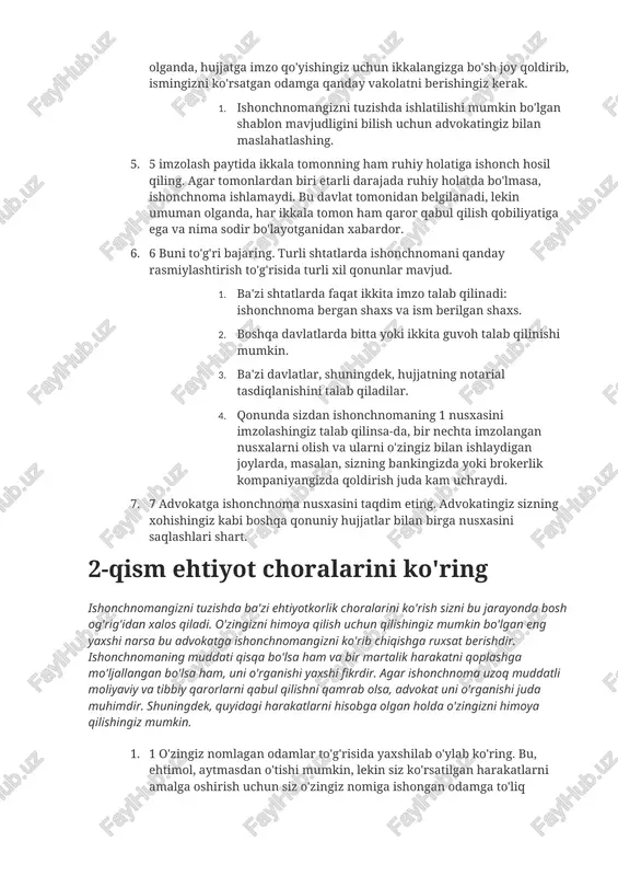 ga rioya qilish juda muhimdir. umuman olganda, hujjatga imzo qo'yishingiz uchun ikkalangizga bo'sh joy qoldirib, ismingizni ko'rsatgan odamga qanday vakolatni berishingiz kerak. 4. ishonchnomangizni tuzishda ishlatilishi mumkin bo'lgan shablon mavjudligini bilish uchun advokatingiz bilan maslahatlashing. 1. 5 imzolash paytida ikkala tomonning ham ruhiy holatiga ishonch hosil qiling. agar tomonlardan biri etarli darajada ruhiy holatda bo'lmasa, ishonchnoma ishlamaydi. bu davlat tomonidan belgilanadi, lekin umuman olganda, har ikkala tomon ham qaror qabul qilish qobiliyatiga ega va nima sodir bo'layotganidan xabardor. 1. 6 buni to'g'ri bajaring. turli shtatlarda ishonchnomani qanday rasmiylashtirish to'g'risida turli xil qonunlar mavjud. 6. ba'zi shtatlarda faqat ikkita imzo talab qilinadi: ishonchnoma bergan shaxs va ism berilgan shaxs. 6. boshqa davlatlarda bitta yoki ikkita guvoh talab qilinishi mumkin. 6. ba'zi davlatlar, shuningdek, hujjatning notarial tasdiqlanishini talab qiladilar. 6. qonunda sizdan ishonchnomaning 1 nusxasini imzolashingiz talab qilinsa-da, bir nechta imzolangan nusxalarni olish va ularni o'zingiz bilan ishlaydigan joylarda, masalan, sizning bankingizda …