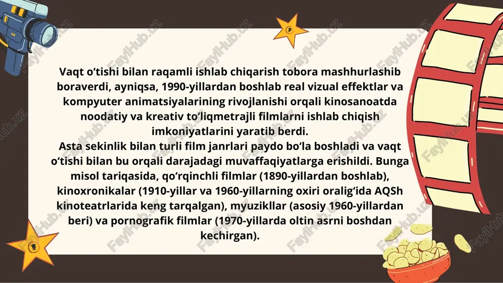 sman“ (muhammad ali iskandarov) va boshqalar keyingi yillar mahsulidir. kino sanʼati – kinematografiya ning texnik vositalar asosida shakllangan badiiy ijod turi; ekran sanʼatining muhim tarkibiy qismi; real borliqni aynan yoki badiiy-hujjatli obrazlar, multiplikatsiya vositalari yordamida suratga olish; kinofilmlarning omma orasida keng tarqalishi uchun xizmat qiladigan televideniye, videokasseta va videodisklarni ham oʻz ichiga oladi. kino sanʼati kinematograf bilan bir vaqtda paydo boʻldi. kinematograf esa fan va texnika taraqqiyoti bilan bogʻliq holda yuzaga keldi va asta-sekin zamonaviy iqtisod, sanʼat va madaniyatning eng zarur sohasiga aylandi. kino 1895-yil 28 dekabrda parijda (ixtirochilar aka-uka o. va l. lyumyerlar) yuzaga kelgan. uning yuzaga kelishi, oʻz navbatida, insoniyatning badiiy madaniyati tarixida obyektiv qonuniyat bosqichi boʻldi 20-asrning 1-yarmida kino sanʼatining janr tizimidan koʻproq komediya harakteridagi sarguzasht hamda qoʻrqinchli filmlar oʻrin oldi. 20-yillardan kinoda turli uslubiy izlanishlar boʻldi. mas, „ekspressionizm“, „poetik kino“, „maxfiy kino“ harakati, „ochiq kino“ va boshqaoʻzbek hujjatli kinosi, asosan, 30-yillardan boshlangan. oʻzbekistonda birinchi film 1897-yil …