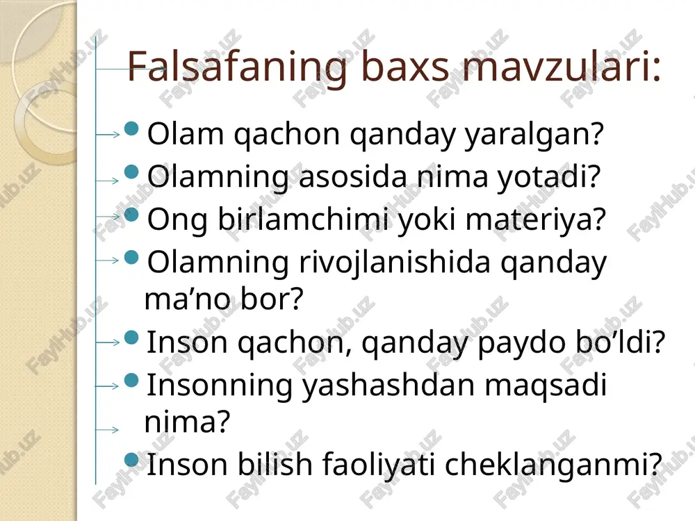 uradi. u to‘g‘ri va yaxshi ta’riflangan bo‘lsa, muammoning mohiyati aniq aks etadi. savol, masala insonni ijodga rag‘batlantiradi, toki unga qoniqarli javob olinib, haqiqatning tagiga yetilganiga ishonch paydo bo‘lmagunicha insonni izlanishga da’vat etadi. audio1.wav image2.png image3.jpeg image4.png image5.png image6.png image7.png image8.png image9.jpeg image10.png /docprops/thumbnail.jpeg