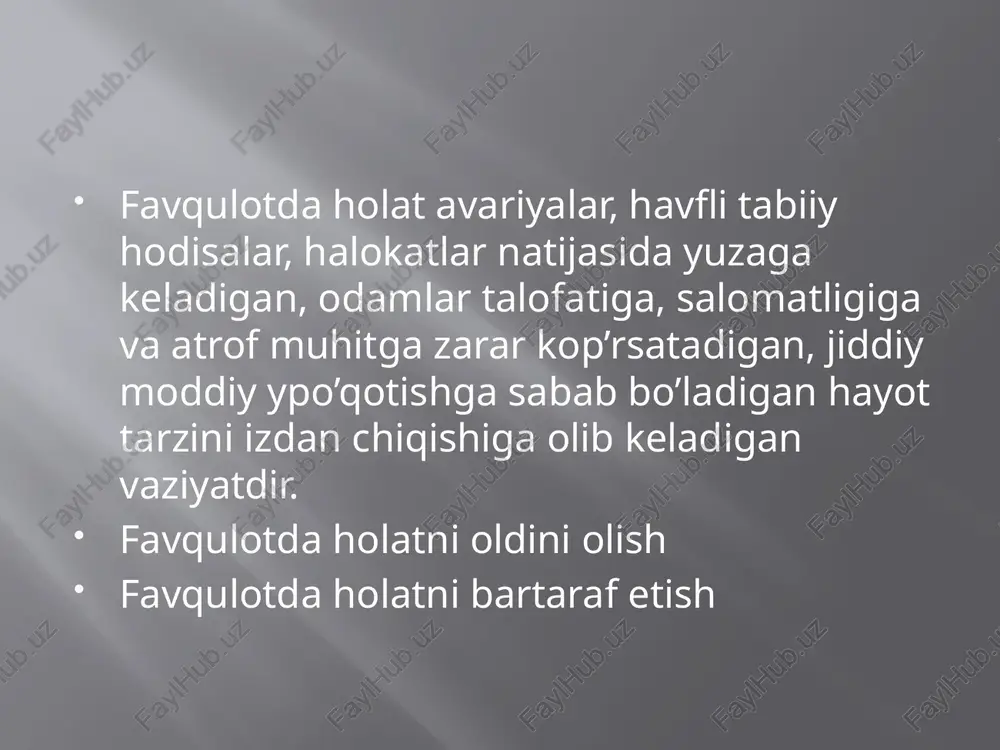 hida aniqlanishi kerak: jarohat joylashgan joy shikastlanish harakteri eng muhim shikastlanish ahvoli og’irligi darajasi mustaqil yura olish mumkinligi zarur tibbiy yordam harakteri tibbiy saralashning eng ko’p tarqalgan usullaridan biri – bu start usuli simple triage and rapid treatment jabrlanganlardan kim mustaqil harakatlana olsa, havsiz joyga borib to’planib turish so’raladi va ularga yashil rangli belgi qo’yiladi. bu guruhdagilar yengil shikastlanganlar yoki shikstlanmaganlar. og’ir bemorlarga yordam ko’rsatilgandan so’ng yashil rangdagilar tekshiruvdan o’tadi. start usuli so’ngra mustaqil harakatlana olmaydiganlar ko’zdan kechirib, nafas, qon aylanish, es-hushiga baho beriladi va shu ko’rsatkichlar asosida qolgan jabrlanganlar 3 guruhga bo’linadi: shoshilinch kechiktirib bo’lmaydigan yordamga muhtojlar, tez yordamga muhtojlar va o’lganlar. o’rta og’ir holatdagi bemorlarga sariq rangli belbog’. og’ir ahvoldagi bemorlarga qizil rangli belbog’. o’lgan bemorlarga qora rangli belbog’ boylanadi. shifoxonagacha bosqichda saralash 1-guruh – tanasida yonayotgan kiyimi borlar, tashqi va ichki arterial qon ketishlar (ko’krak qafasi, qorin jarohatlarida), shok holatlari, o’tkir yurak va nafas yetishmovchiligi holatlari, talvasa, …