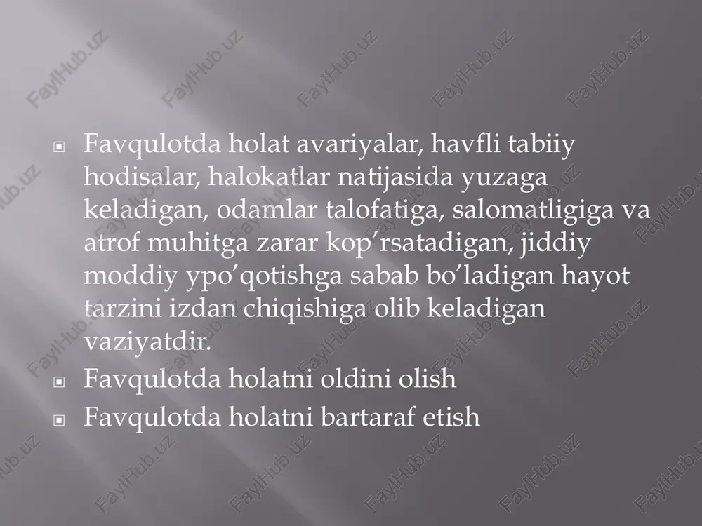 aroitida yordam ko’rsatilishi mumkin tibbiy saralash ▣ 4-guruh. yengil ruhiy buzilishlarga uchragan bemorlar. jabrlanuvchida aniqlanishi kerak: ▣ jarohat joylashgan joy ▣ shikastlanish harakteri ▣ eng muhim shikastlanish ▣ ahvoli og’irligi darajasi ▣ mustaqil yura olish mumkinligi ▣ zarur tibbiy yordam harakteri tibbiy saralashning eng ko’p tarqalgan usullaridan biri – bu start usuli ▣ simple triage and rapid treatment jabrlanganlardan kim mustaqil harakatlana olsa, havsiz joyga borib to’planib turish so’raladi va ularga yashil rangli belgi qo’yiladi. bu guruhdagilar yengil shikastlanganlar yoki shikstlanmaganlar. og’ir bemorlarga yordam ko’rsatilgandan so’ng yashil rangdagilar tekshiruvdan o’tadi. start usuli ▣ so’ngra mustaqil harakatlana olmaydiganlar ko’zdan kechirib, nafas, qon aylanish, es-hushiga baho beriladi va shu ko’rsatkichlar asosida qolgan jabrlanganlar 3 guruhga bo’linadi: shoshilinch kechiktirib bo’lmaydigan yordamga muhtojlar, tez yordamga muhtojlar va o’lganlar. ▣ o’rta og’ir holatdagi bemorlarga sariq rangli belbog’. ▣ og’ir ahvoldagi bemorlarga qizil rangli belbog’. ▣ o’lgan bemorlarga qora rangli belbog’ boylanadi. shifoxonagacha bosqichda saralash ▣ …
