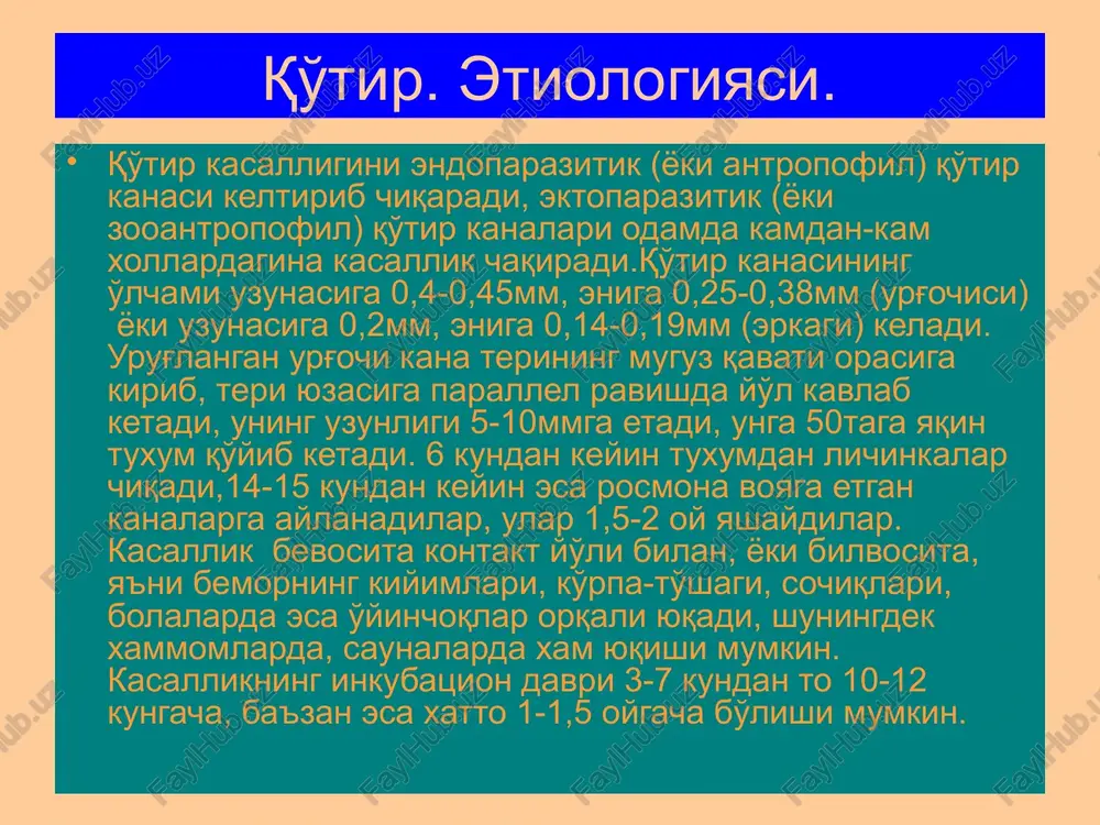 kg dozada 1marotaba per os qabul qilinadi. bitliqilik bitlar qon so'ruvchi ektoparazitlardir. bir kunda bitta bit 0,3-0,5mlgacha qon so'radi. odamda bosh biti, kiyim biti va qov biti tafovut qilinadi. bosh biti to'g'ridan-to'g'ri odamdan uning bosh kiyimi va ko'rpa-to'shaklari orqali yuqadi va boshning sochli qismida xayot kechiradi. 1-1,5 oyda urg'ochi bit 100-150 tagacha tuxum (sirka) qo'yadi, ular sochga maxkam yopishgan bo'ladi. sirkalarning rangi oqimtir-sarg'ish bo'lib, yaxshi ko'rinib turadi. bit qon so'rganda so'lak chiqaradi, odamlarning bu so'lakka sergirligi (allergik reaktsiyasi) xar xil bo'ladi, shu tufayli qichishish darajasi xam xar xil bo'ladi. bitliqilikda sochlar bir-birlariga yopishib ketgan, bosh terisi qaloqlar bilan qoplangan, ikkilamchi infektsiya tufayli follikulitlar, impetigo kabi kasalliklar yuzaga kelgan, bo'yin, quloq orti soxalaridagi limfa tugunlari kattalashgan bo'ladi. kiyim biti ichki kiyimlarning choklarida, burmalarida joylashadi, o'lchami kattaroq. bit chaqqanda qattiq qichishish paydo bo'lishi oqibatida ekskoriatsiyalar, gemorragik qaloqlar, ikkilamchi pigmentatsiyalar, yiringli kasalliklar (impetigo, follikulit, furunkul va x.k.) uchraydi. qov biti qov soxasidagi va …
