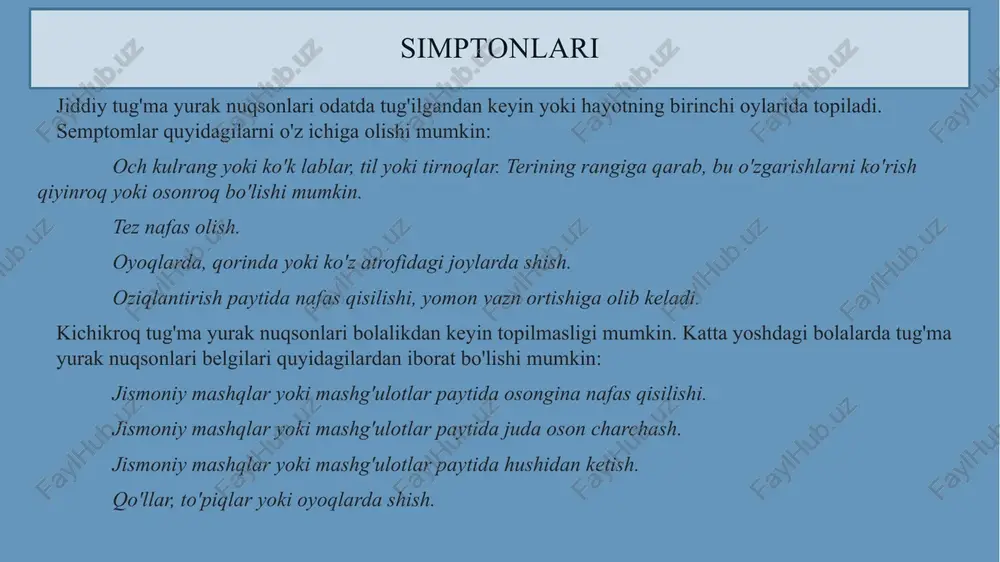 ap bo’lmachaga oqadi. b-rasmda bo’lmacha septal nuqsonli yurak ko'rsatilgan. teshik chap bo’lmachadan arterial qonni o'ng bo’lmachadan venoz qon bilan aralashtirishga imkon beradi. aralash qon binafsha rangli o'q bilan ko'rsatilgan. ventrikulyar septal nuqson qorincha septal nuqsoni - bu yurakning ikkita pastki kamerasi bo'lgan chap va o'ng qorinchalar orasidagi devordagi teshik. qon chap qorinchadan oqishi va tananing qolgan qismiga borish o'rniga o'ng qorinchadagi qon bilan aralashishi mumkin. agar teshik katta bo'lsa, yurak va o'pka qonni quyish uchun ko'proq ishlashi kerak. bundan tashqari, o'pkada suyuqlik to'planishiga olib kelishi mumkin. oddiy yurak va qorincha septal nuqsoni bo'lgan yurakning ko'ndalang kesimi. a-rasmda oddiy yurakning tuzilishi va qon oqimi ko'rsatilgan. ko'k o’q venoz qon oqimini ko'rsatadi, chunki u tanadan o’ng bo’lmachaga, keyin esa o'ng qorinchaga pompalanadi. u yerdan u o'pka arteriyasi orqali o'pkaga pompalanadi va u yerda kislorodni oladi. qizil o'q bilan ko'rsatilgan arterial qon o'pkadan o'pka tomirlari orqali chap bo’lmachaga oqadi. b-rasmda qorincha septal nuqsoni …