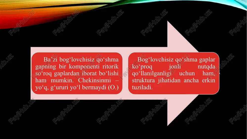 gan qo‘shma gap turi – bu, bog‘lovchisiz qo‘shma gaplardir. bog‘langan va ergash gapli qo‘shma gaplarda, asosan, vergul ishlatildi. bog‘lovchisiz qo‘shma gaplarda esa vergul bilan bir qatorda ikki nuqta, nuqtali vergul, tire kabi tinish belgilari ham ko‘p qullaniladi. 1. bog‘lovchisiz qushma gap komponentlpri bir paytda yoki ketma-ket bajariladigan ish-harakatini bildirsa, bir-biridan vergul bilan ajratiladi: botirlari kanal qazadi, shoirlari g‘azal yozadi. (h.o.) bog‘lovchisiz qo‘shma gaplar ifodadaga mazmuniy munosabatiga ko‘ra 2. qiyoslash munosabatini ifodalovchi bog‘lovchisiz qo‘shma gap komponentlari ham vergul bilan ajratiladi: yaxshidan ot qoladi, yomondan – dod. (maqol) 3. bog‘lovchisiz qo‘shma gap komponentlari o‘rtasida o‘xshatish munosabati yuzaga chiqqan o‘rinlarda qismlar bir-biridan tire bilan ajratiladi: qor yog‘di – don yog‘di. suv keldi – nur keldi. (maqol) 4. shart-payt, zidlik munosabadlarini ifodalovchi bog‘lovchisiz qo‘shma gap komponentlari ham o‘zaro tire bilan ajratiladi: yurt notinch – sen notinch. qo‘shning tinch – sen tinch. (maqol) ko‘priklar yasadik – zolimlar o‘tdi, ariqlar chiqardik – yovlar quritdi. (xat) 5. …