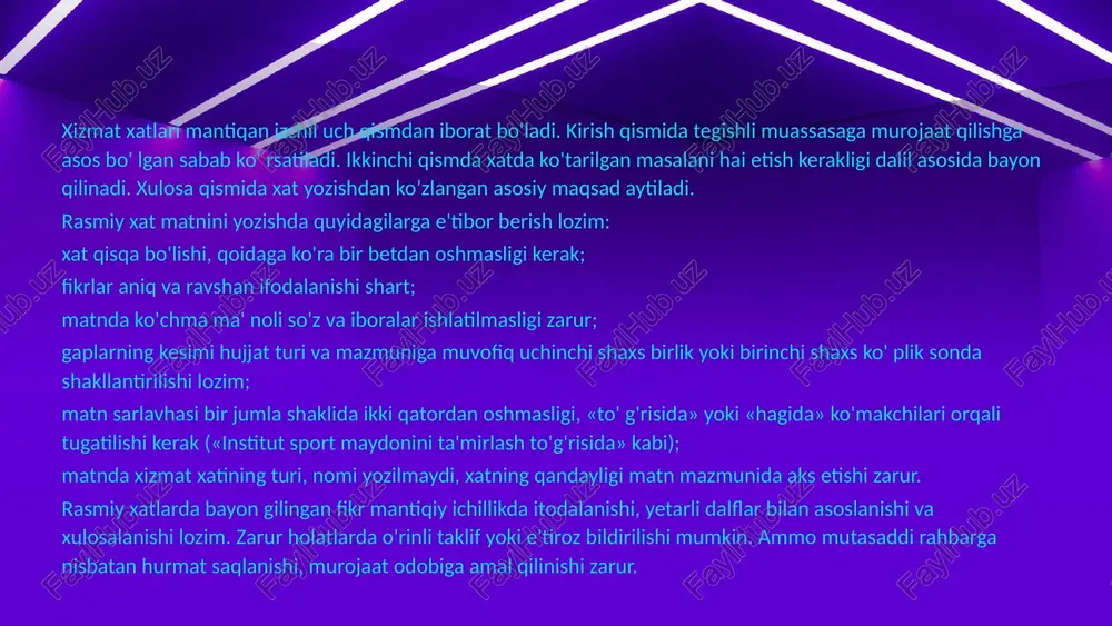 power-point-templates.com ilova xati llova xat - xatni qabul qilib oluvchilarni jo'natilidigan hujjatlar haqida yozma xabardor qilish uchun qo'llanuvchi qisqacha xabar qog'ozidir. llova xat ish yuritishda keng tarqalgan bo'lib, shartnoma loyihalarini, ziddiyatlar bayonnomalarini, da’ vo materiallarini jo'natishda qo'llaniladi. this presentation uses a free template provided by fppt.com www.free-power-point-templates.com da'vo xati da'vo xati - ma'lum bir muassasaning boshqa bir idora yoki transport tashkilotlariga nisbatan talab va e'tirozlari bayon qilingan xatlardir. da'vo xatlari tovar yetkazib berish, qurulish ishlari, ijara, yuk tashish va shu kabi bir qancha ishlar bo'yicha tuzilgan shartnomalar bajarilmay qolganda, o'z qonuniy huquqlarini va manfaatlarini himoya qilish maqsadida tuziladi. da' vo xatlarida asosan shartnomaga ko'ra o'z zimmasiga olgan majburiyatini buzgan tomon yetkazgan zararni qoplash talab qilinadi. odatda da'vo xatlari uch nusxada tayyorlanadi. this presentation uses a free template provided by fppt.com www.free-power-point-templates.com axborot xati axborot xati - ko'zlangan maqsad ma'lum tashkilot yoki shaxsni amalga oshirilayotgan tadbirdan xabardor qilishdir. axborot xatlarining hajmi …